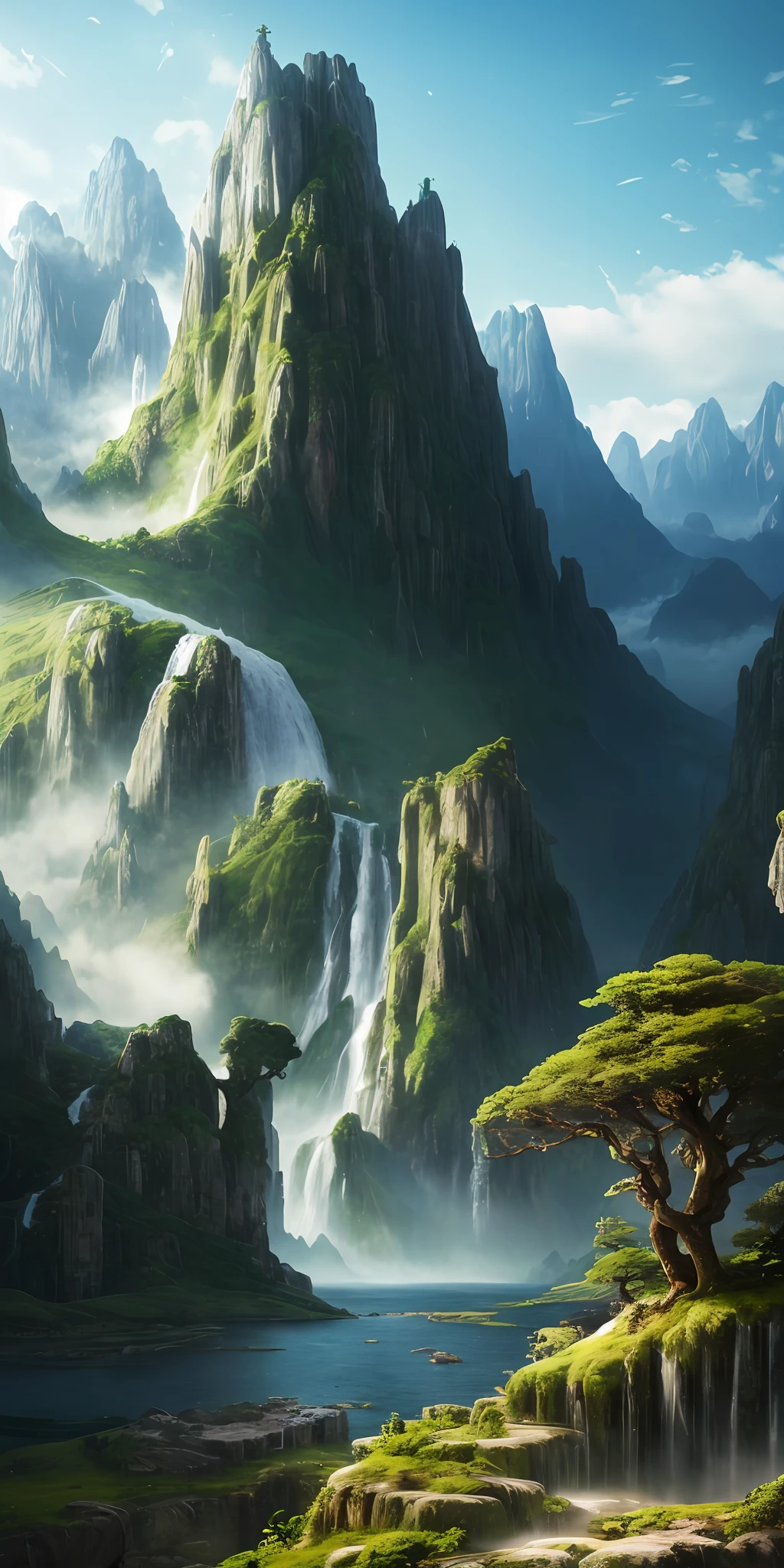 mountains with a waterfall and a few trees in the foreground, impressive fantasy landscape, an epic landscape, fantasy matte painting,cute, fantasy art landscape, most epic landscape, 4k hd matte digital painting, epic fantasy landscape, 4k highly detailed digital art, epic dreamlike fantasy landscape, epic landscape, 4 k matte painting, ross tran. scenic background