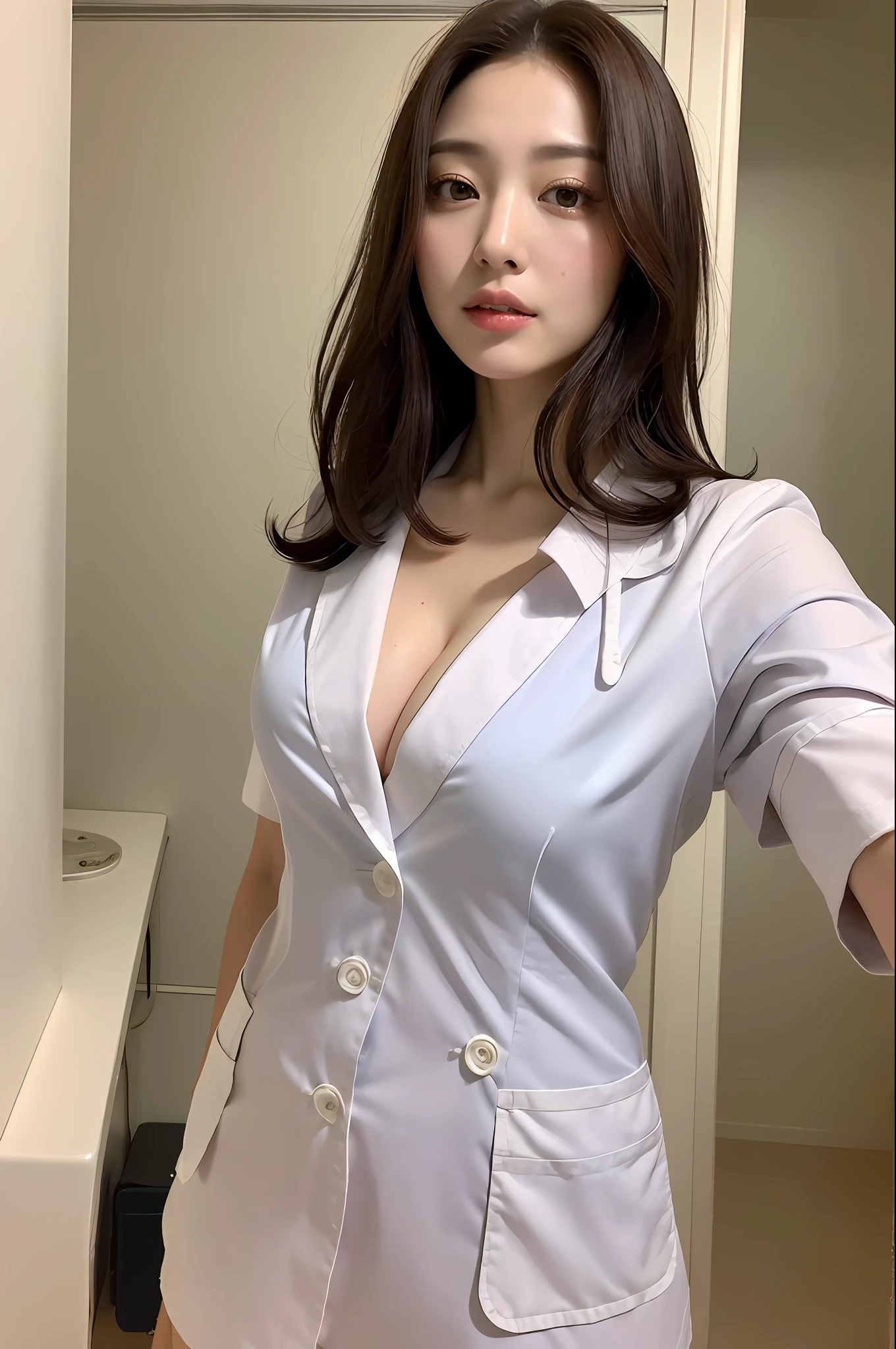 (Best quality, 8k, 32k, Masterpiece, UHD:1.2),Photo of Pretty Japanese woman, 1girl, (medium-short dark brown hair), (large breasts), double eyelid, White nurse uniform, small white nurse (cap), white shirt, open shirt, hospital, patient's room, upper body, sexy