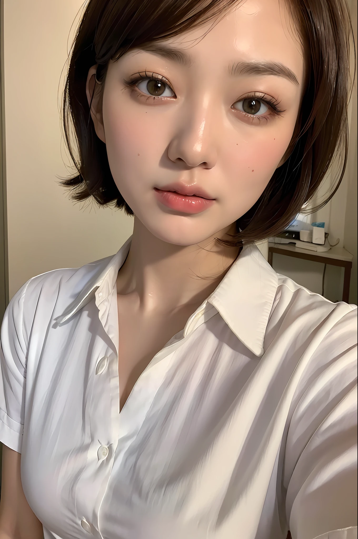 (Best quality, 8k, 32k, Masterpiece, UHD:1.2),Photo of Pretty Japanese woman, 1girl, (medium-short dark brown hair), (large breasts), double eyelid, White nurse uniform, small white nurse (cap), white shirt, open shirt, hospital, patient's room, upper body, sexy