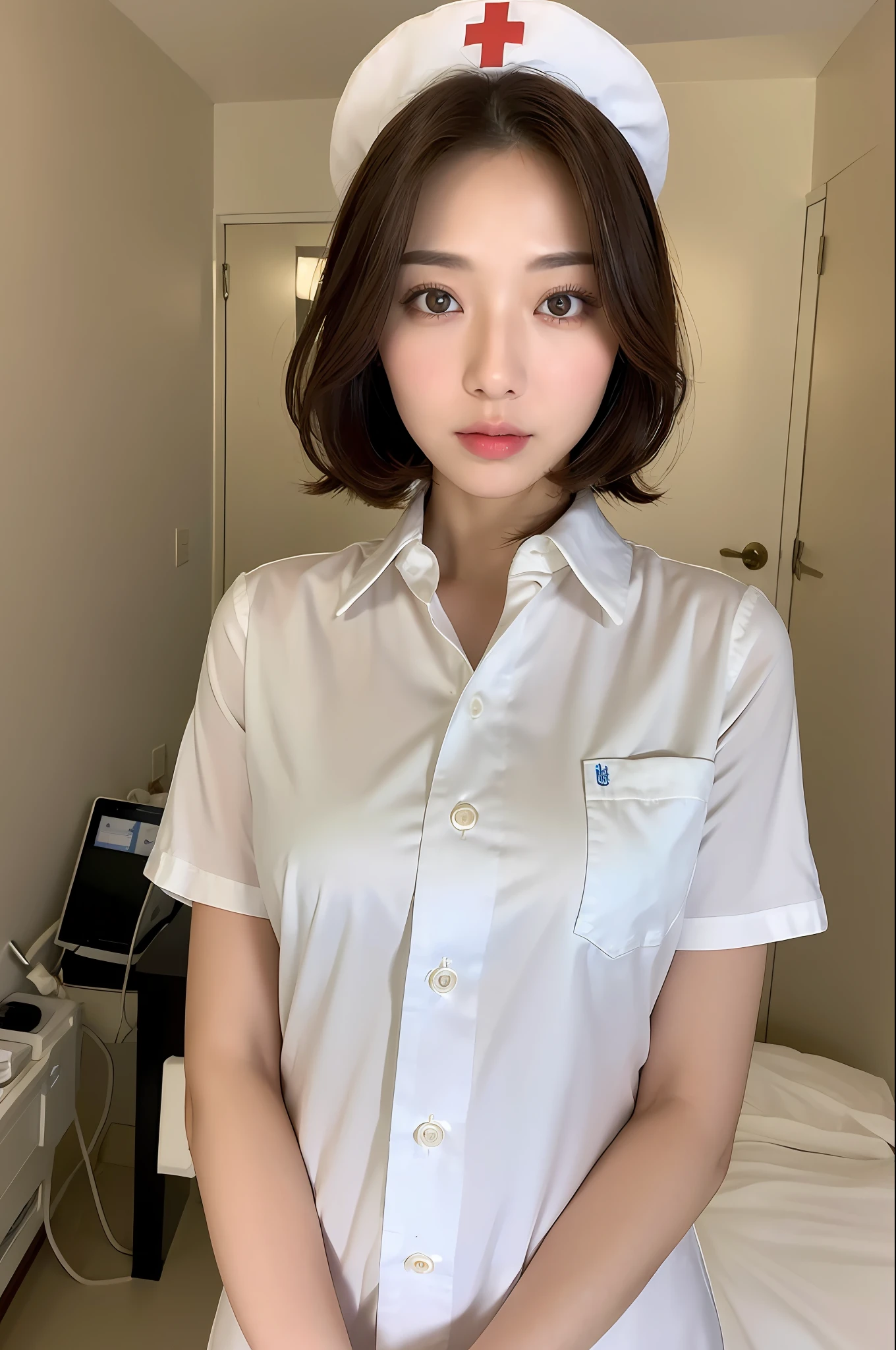 (Best quality, 8k, 32k, Masterpiece, UHD:1.2),Photo of Pretty Japanese woman, 1girl, (medium-short dark brown hair), (large breasts), double eyelid, White nurse uniform, small white nurse (cap), white shirt, open shirt, hospital, patient's room, upper body, sexy