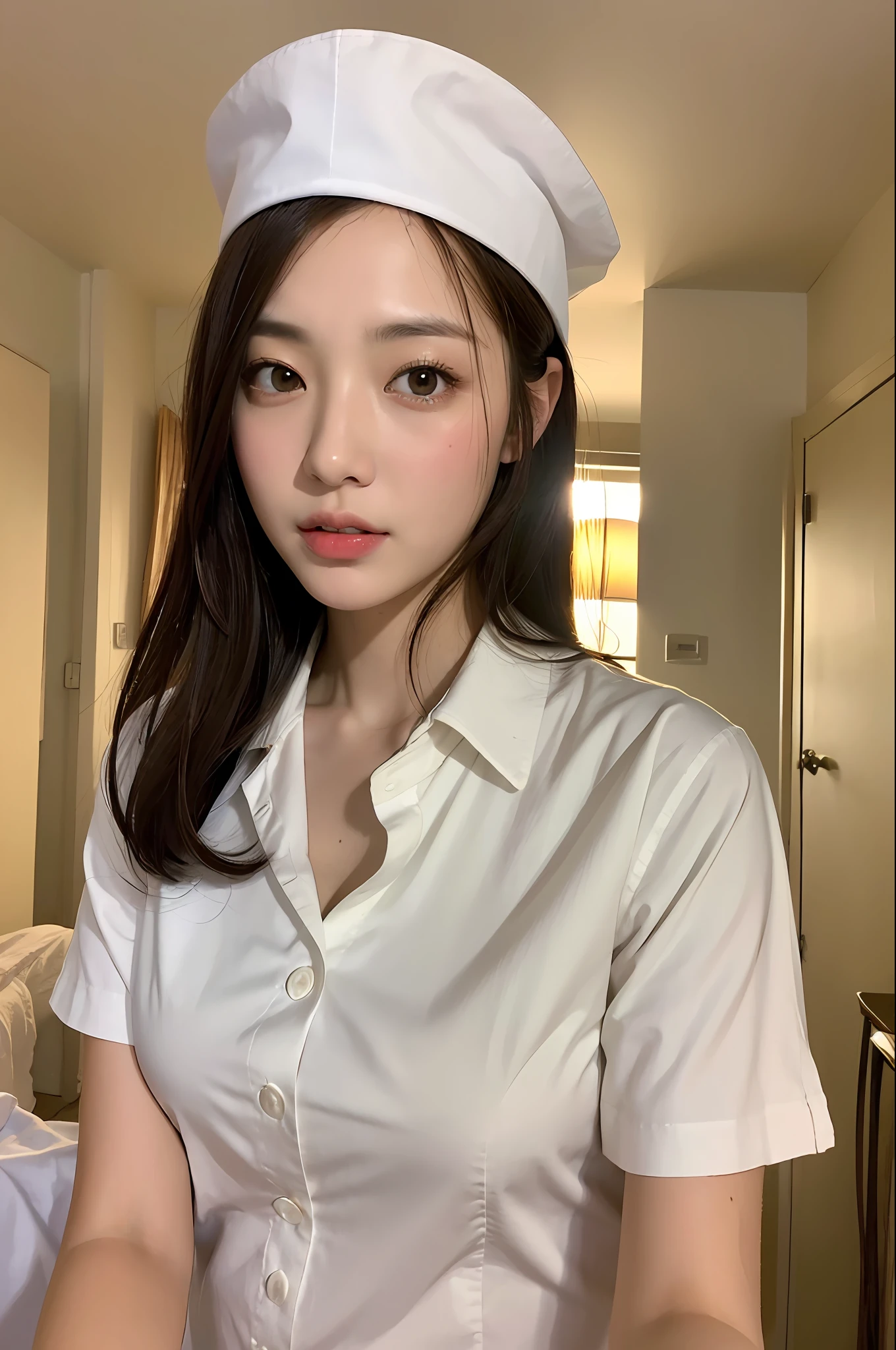(Best quality, 8k, 32k, Masterpiece, UHD:1.2),Photo of Pretty Japanese woman, 1girl, (medium-short dark brown hair), (large breasts), double eyelid, White nurse uniform, small white nurse (cap), white shirt, open shirt, hospital, patient's room, upper body, sexy