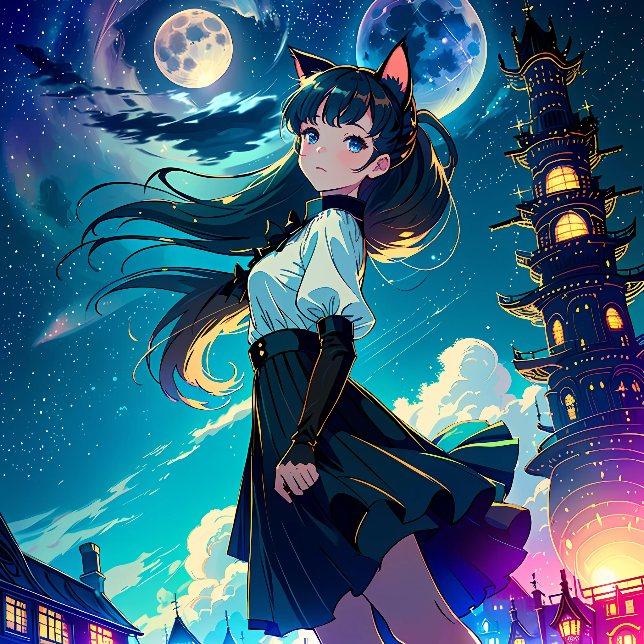 (a masterpiece),(high quality), (delicately drawn scene), (1girl), (stylish outfit:1.2, blouse, skirt), (long hair), (cat ears), (cat's tail), (futuristic city), (balloons sailing in the sky), (starry sky), (many clouds), (full moon),(colorful)