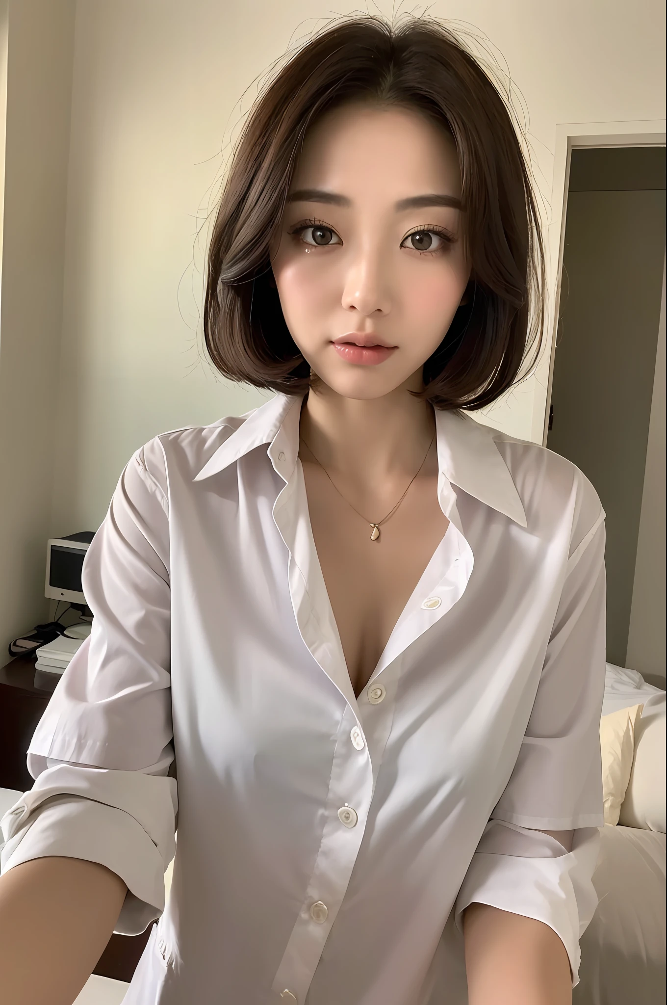 (Best quality, 8k, 32k, Masterpiece, UHD:1.2),Photo of Pretty Japanese woman, 1girl, (medium-short dark brown hair), (large breasts), double eyelid, White nurse uniform, small white nurse (cap), white shirt, open shirt, hospital, patient's room, upper body, sexy
