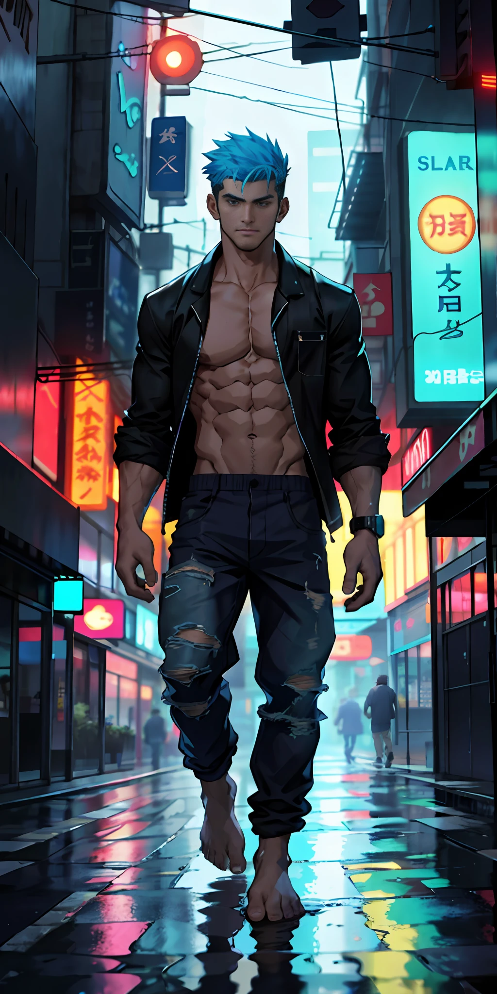a man, age 20, shirtless and barefoot, wearing ripped baggy pants, walking on a busy cybercity street, under the rain, (good proportions), sharp and crisp image, clean lines, highly detailed, vibrant colors, neon lighting, night scene