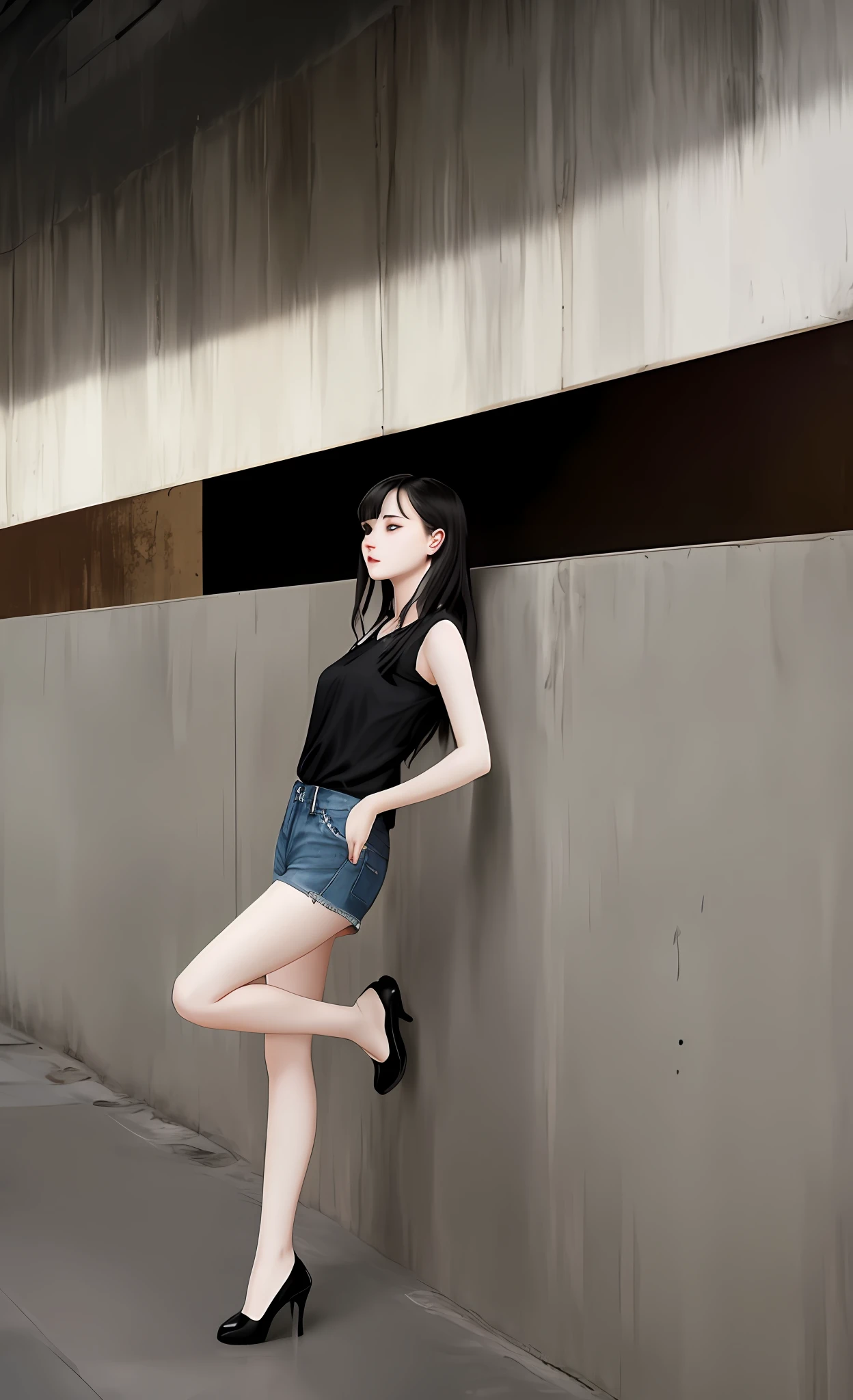 There is a girl with white skin and black dress leaning against the wall, pale skin, black short-sleeved shirt, dark denim shorts, long legs, left hand five fingers open pressed on crotch, cap, beautiful digital artwork, realistic effect, high texture