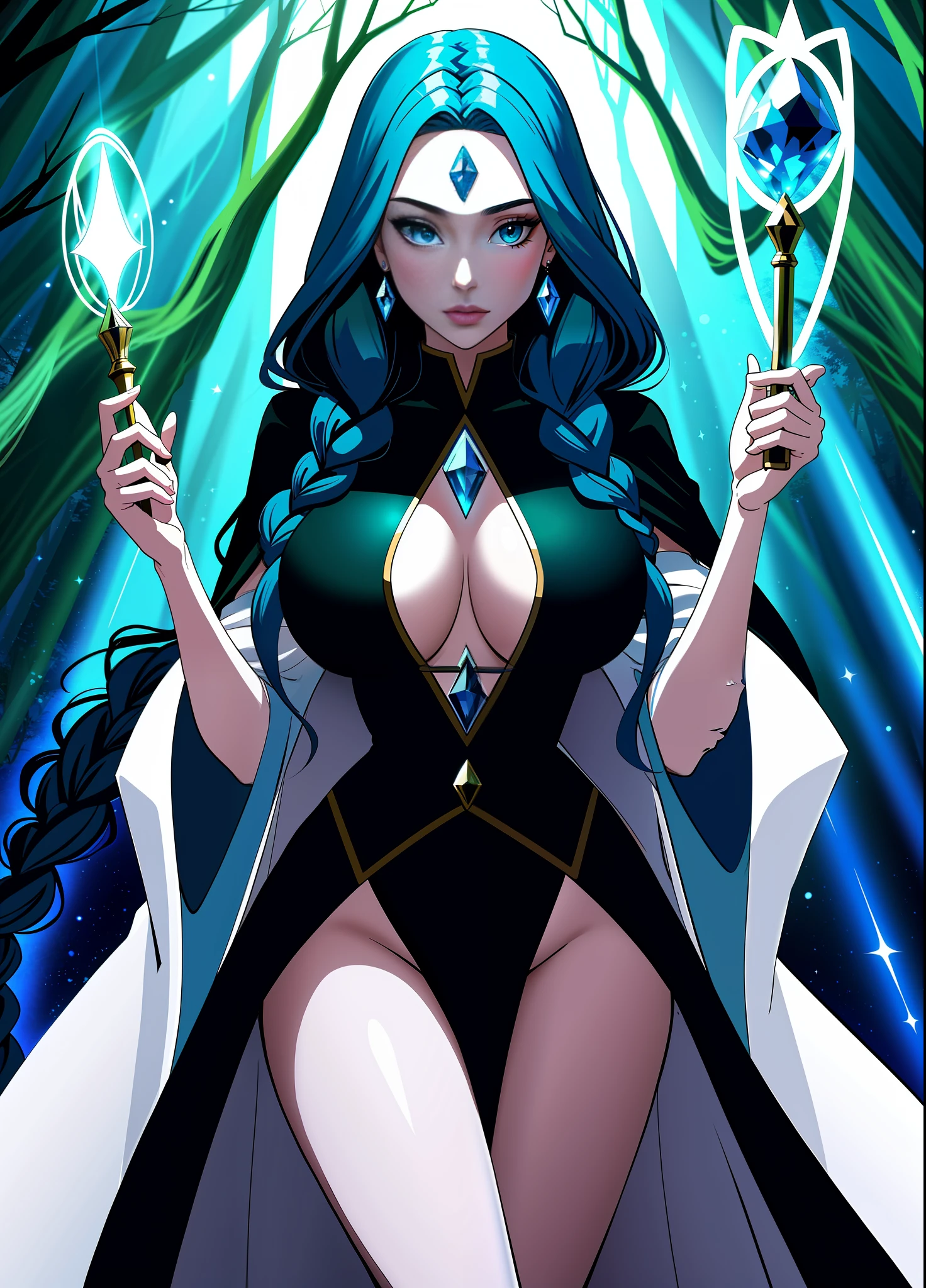 1 Witch woman, in black robe with white parts, holding a magic wand, blue rays behind her, staring at the viewer, forehead mark, (she has long blue hair with braids and green eyes: 1.5), immensely large breasts, blue magic aura swirling around her body, in a forest full of magical creatures around her, anime style, symmetry, anatomically correct, 16k, highres, best quality, award winning, high quality, high details, UHD, masterpiece, ccurate