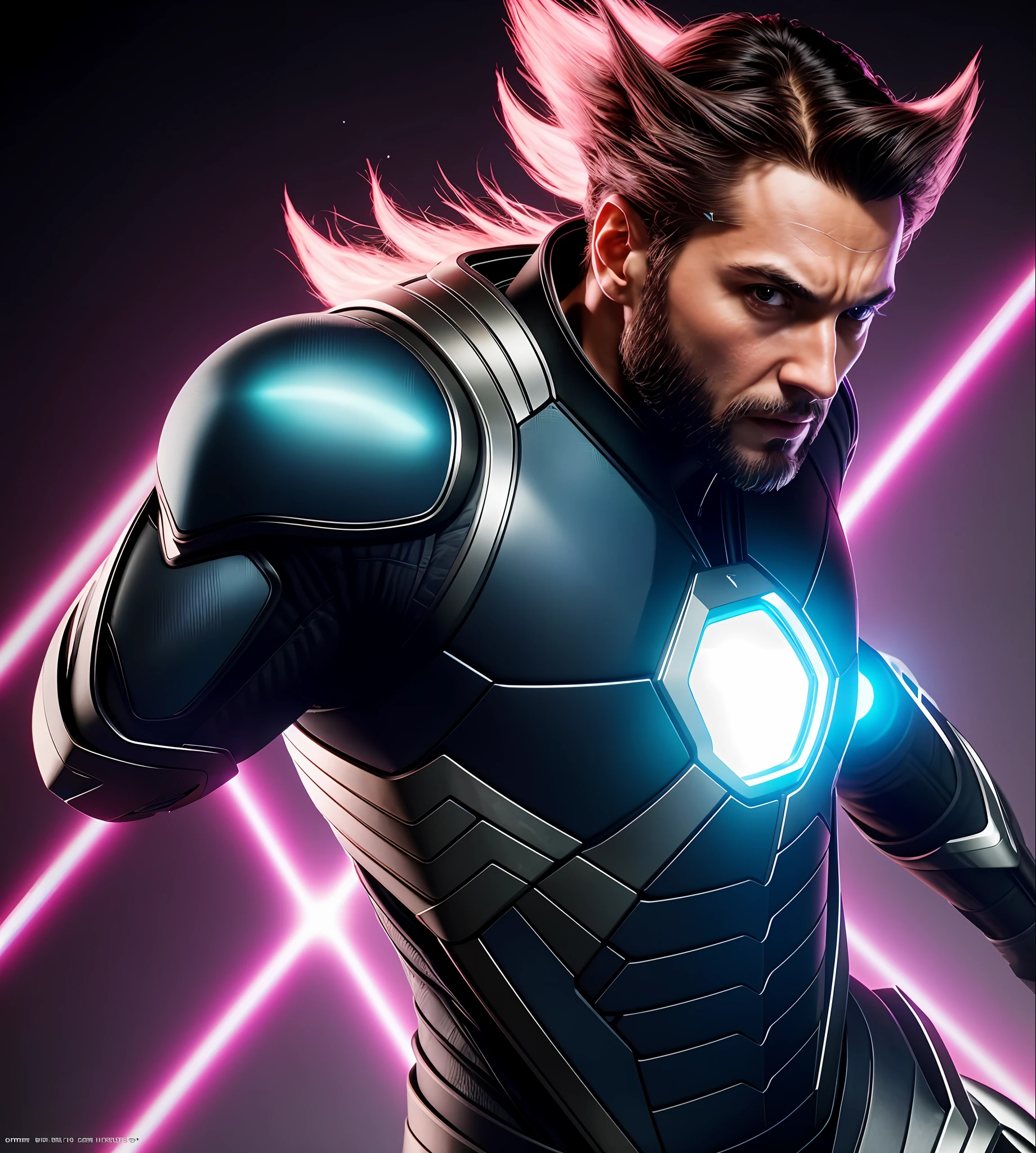 wolverine X-MEN, perfect proportions face, portrait, pink neon tones on black background, iridescent colors, UHD, details, insane details, hyper detailed, micro details, photorealistic, realistic, hyper realistic, golden proportion, ornate, textured, light, natural light, natural lighting, volumetric lighting, hard detail, reflections traced by rays, ultra realistic, maximalism, octane rendering, 3d, volumetric lighting, cinematic lighting, photorealism,  high contrast, lighting, extremely detailed, epic scene, cinematography, hyperdetailed, elegant, mythical, ethereal, intricate, elaborate, hyperrealism, 200mm, UHD, 32k, 16k, 8k, 3d shading, tone mapping, global ray tracing lighting, diffraction grid, crystalline, lumen reflections, super resolution, gigapixel, color grading, retouching, enhanced, art station, weta digital, digital art PBR, blender, V-ray, Procreate, z Brush,  Unreal Engine 5, Cinema 4D, ROMM RGB, Adobe After Effects, 3DCG, VFX, SFX, FXAA, SSAO, 8k
