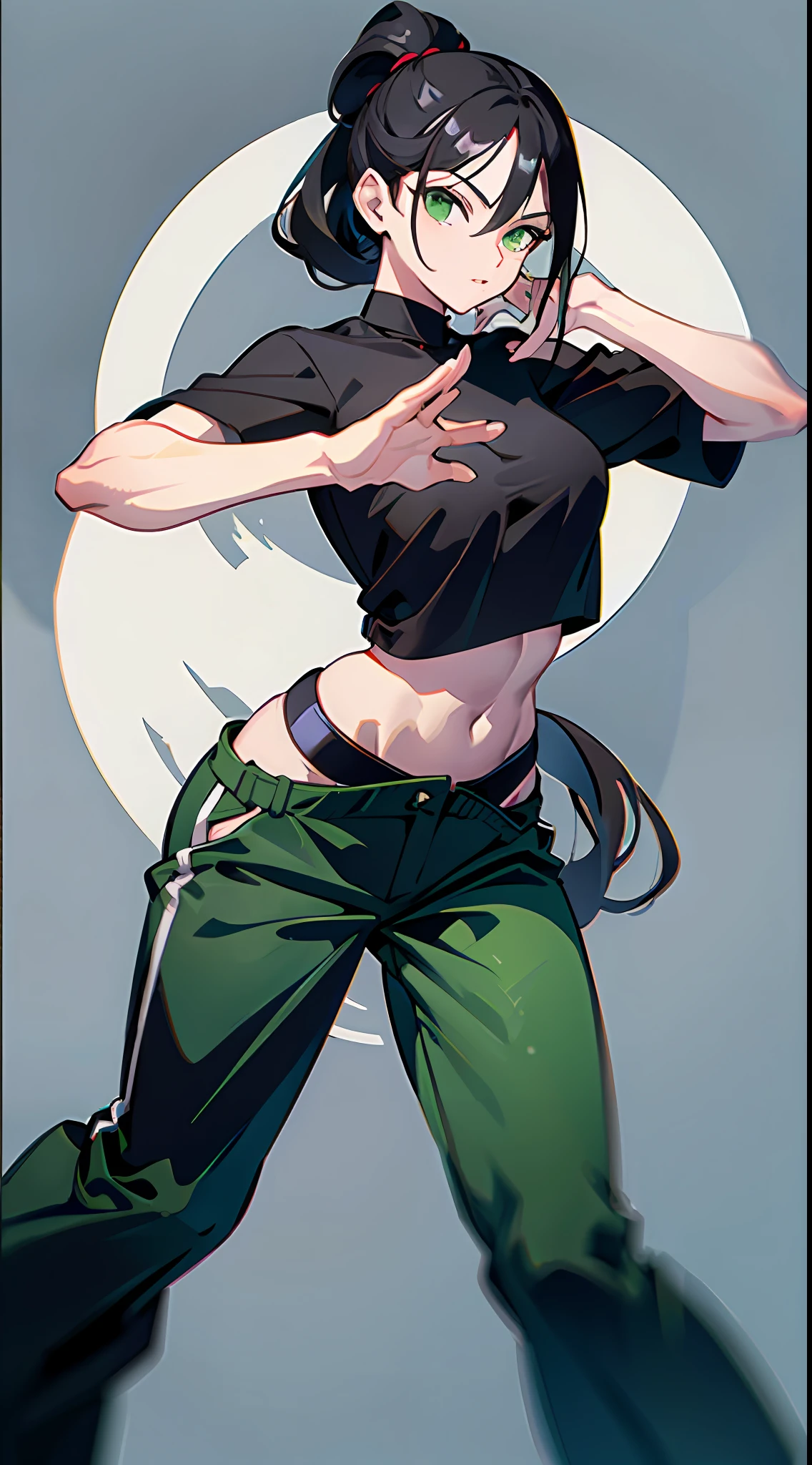 Green eyes, long black hair, crop top, low-rise pants, female karate, hair tied pose, full body portrait