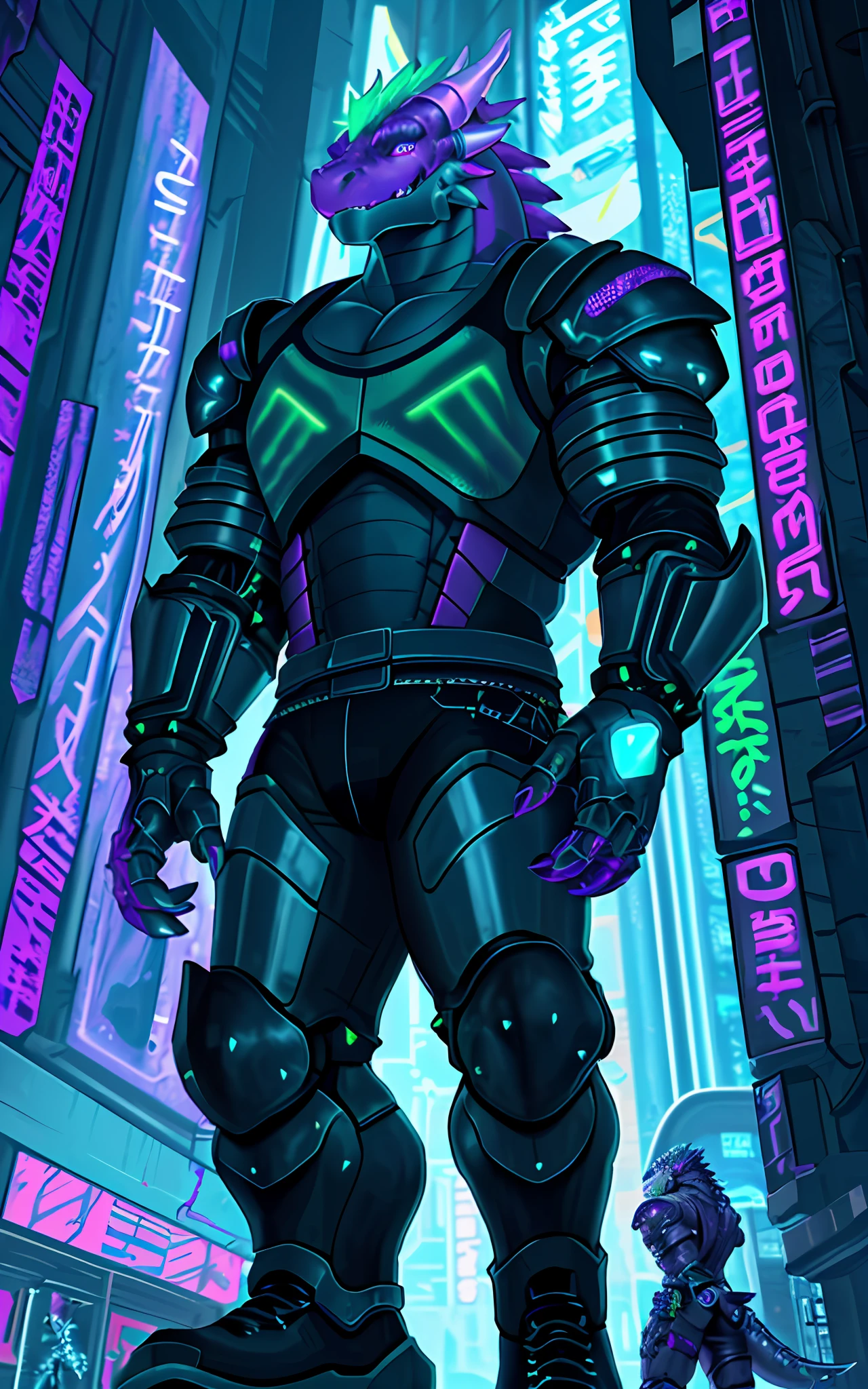 Anthro (dragon\Delga\), neon armor, muscular!  neon scales and cyborg tech, cyberpunk hero, cyberpunk artstyle,  knight, clothed in cyber armour, cyber universe style, cyberpunk vibrant colors, cyberpunk dude, cyberpunk gladiator, neon cyberpunk