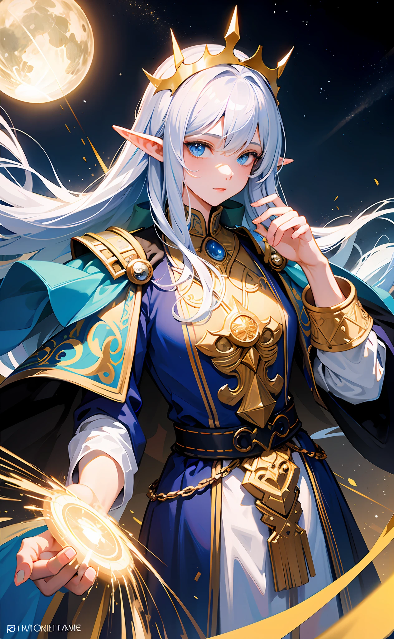 "Generate an illustration of the highest quality, ultra-detail, and 4K depicting a noble high elf with the God King reigning on the throne in an electronic space that simulates outer space."