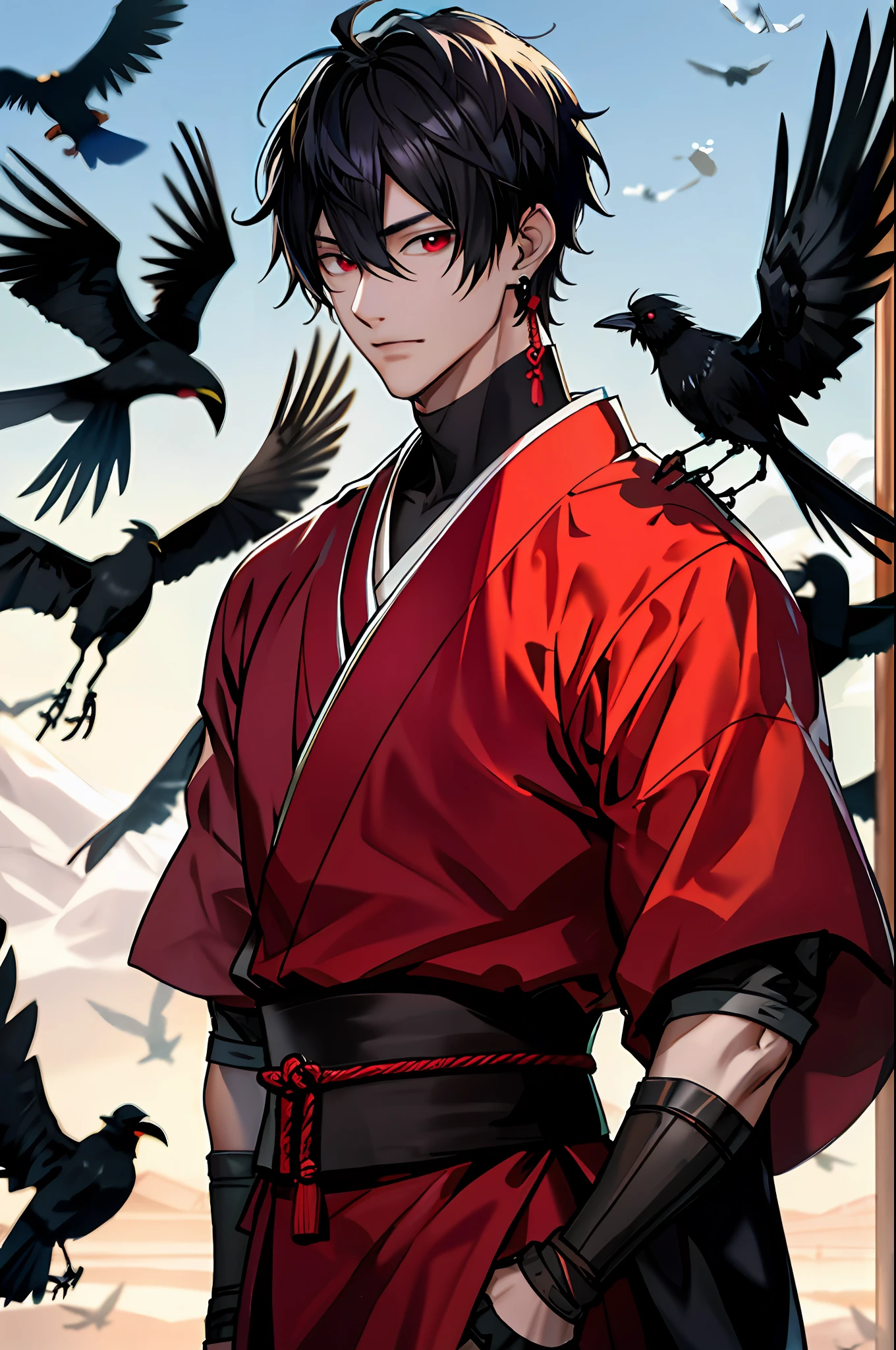 masterpiece, best quality, (1 male), 25 years old, mature, short hair, korean hair, black hair, red eyes, small earrings, arm tattoo, ninja clothes, shinobi, feudal japan, from above, (dutch angle) , fisheye), lens flare, depth of field, crows flying behind, feudal city, end of day, twilight, dusk, dark theme