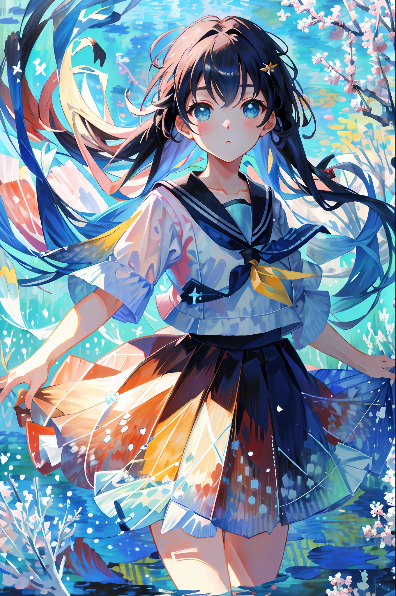 bubble, rating:safe, air_bubble, underwater, 1girl, fish, long_hair, submerged, school_uniform, serafuku, solo, water, skirt, neckerchief, short_sleeves,(Impressionism:1.4),