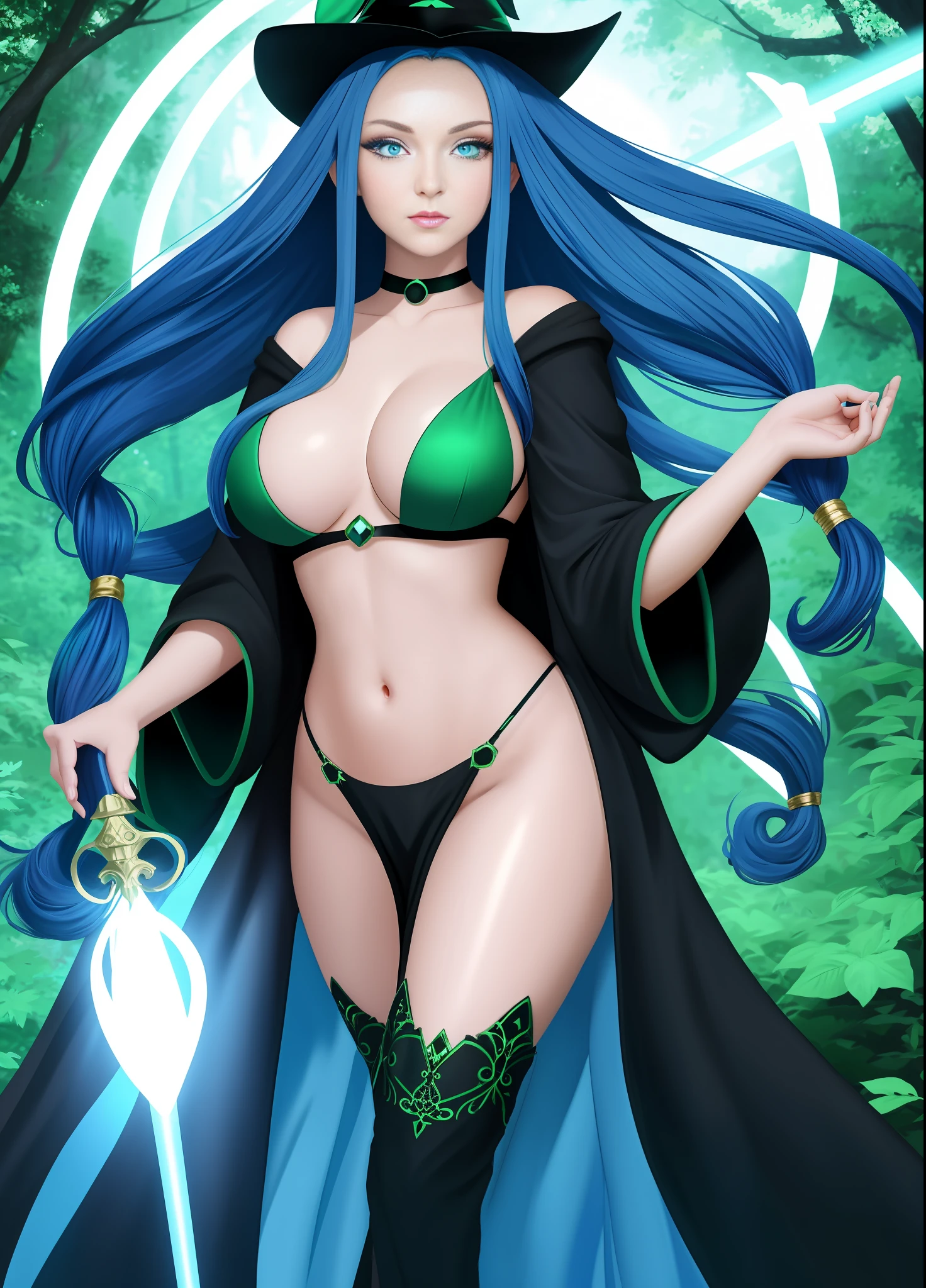 1 Witch woman, in black robe with white parts, holding a magic wand, blue rays behind her, staring at the viewer, forehead mark, she has (blue long hair:1.5) with braids and (green eyes:1.5), immensely large breasts, blue magic aura swirling around her body, in a forest full of magical creatures around her, anime style, symmetry, anatomically correct, 16k, highres, best quality, award winning, high quality, high details, UHD, masterpiece, ccurate