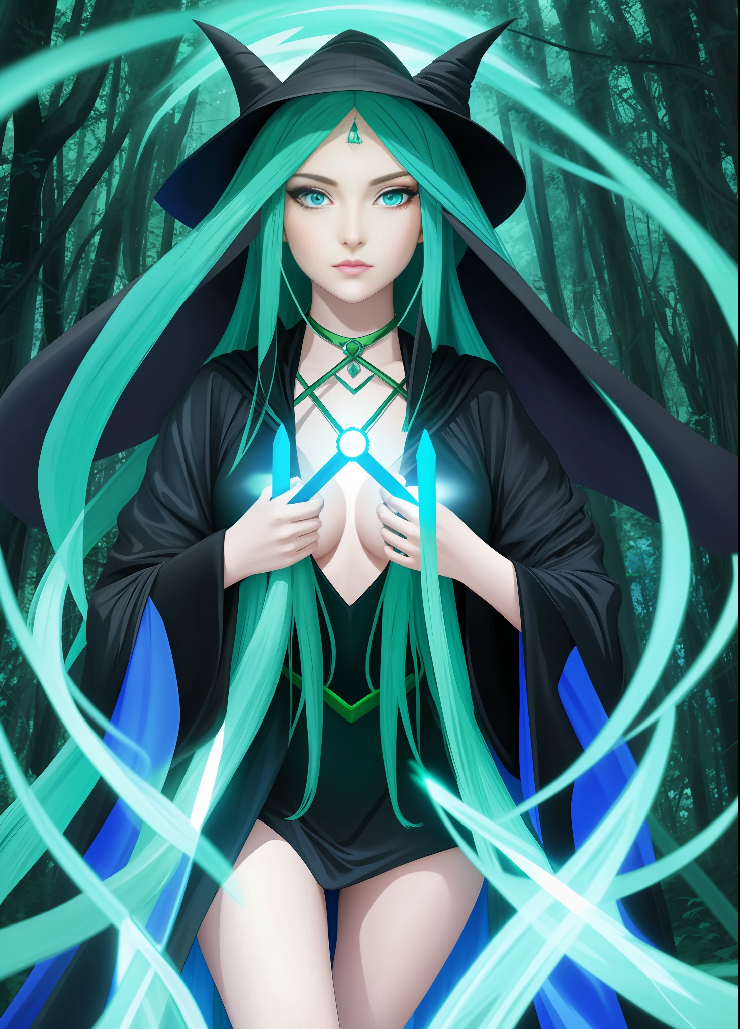 1 Witch woman, in black robe with white parts, holding a magic wand, blue rays behind her, staring at the viewer, forehead mark, she has (blue long hair:1.5) with braids and (green eyes:1.5), immensely large breasts, blue magic aura swirling around her body, in a forest full of magical creatures around her, anime style, symmetry, anatomically correct, 16k, highres, best quality, award winning, high quality, high details, UHD, masterpiece, ccurate