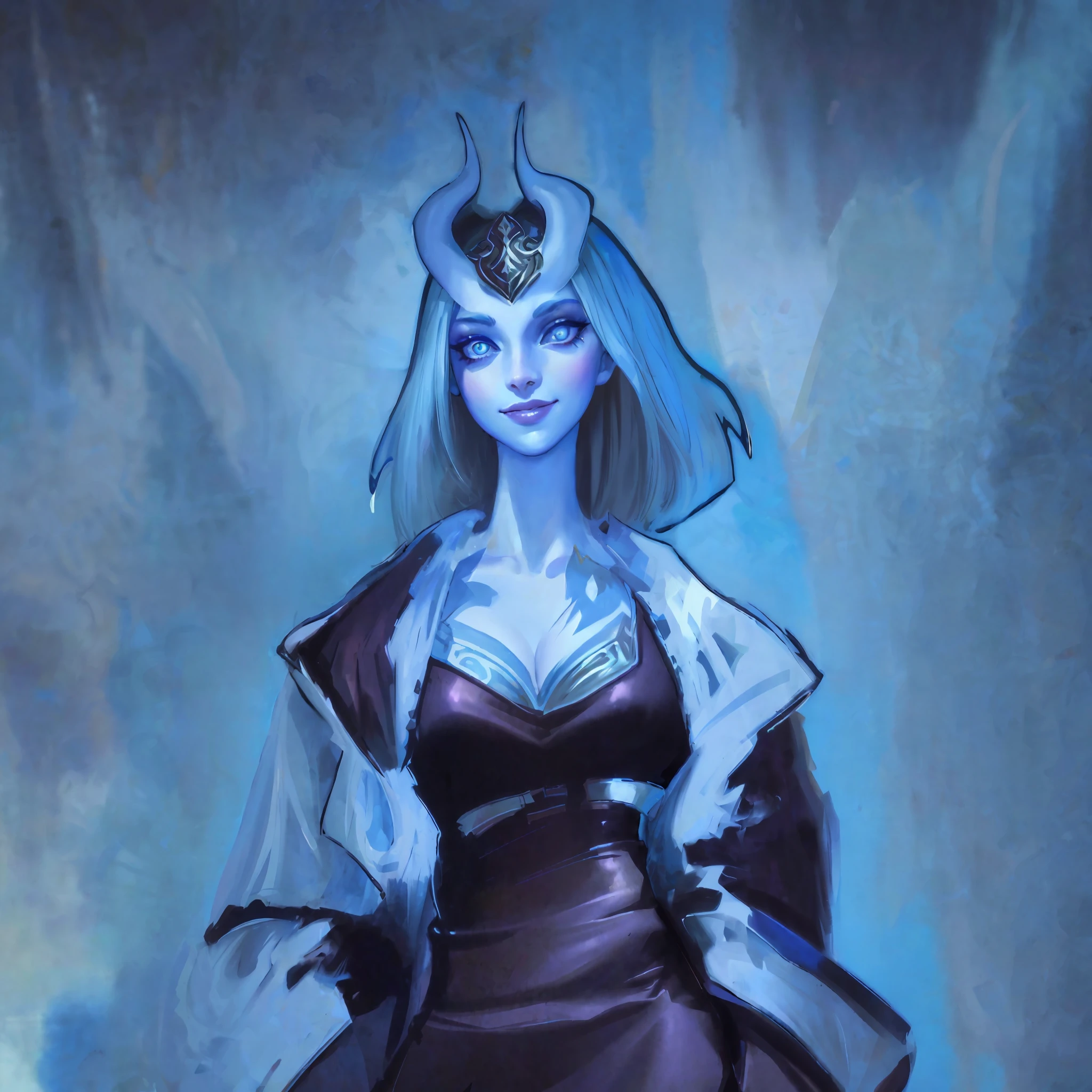 hyper detailed gouache style painting of a gorgeous Tiefling in medieval clothes, with a playful smile on her face, wide perfect amber eyes, hyper realistic textures, 8k, best quality, masterpiece, smooth shadows, correct anathomy, expressive painting style, neon highlights