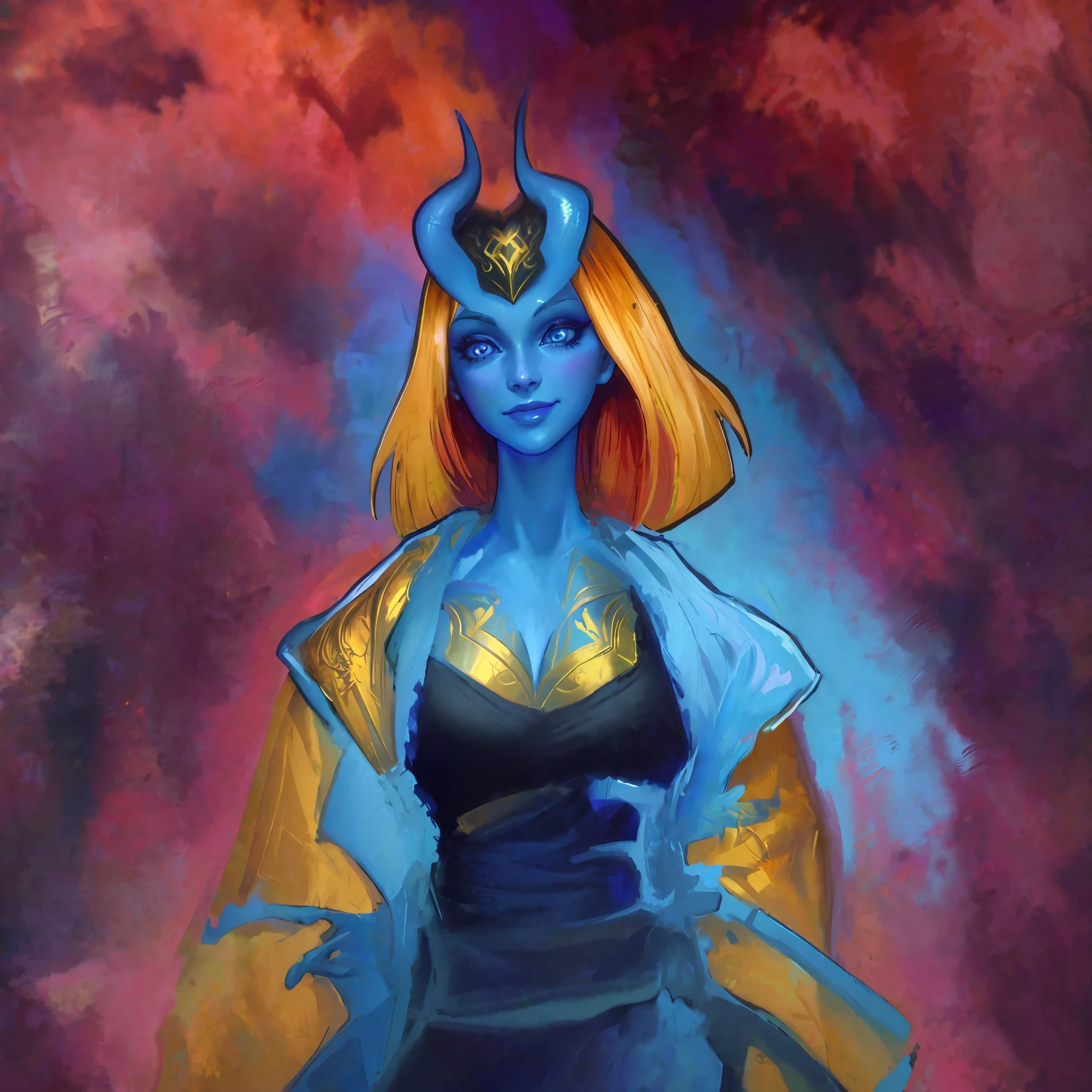 hyper detailed gouache style painting of a gorgeous Tiefling in medieval clothes, with a playful smile on her face, wide perfect amber eyes, hyper realistic textures, 8k, best quality, masterpiece, smooth shadows, correct anathomy, expressive painting style, neon highlights