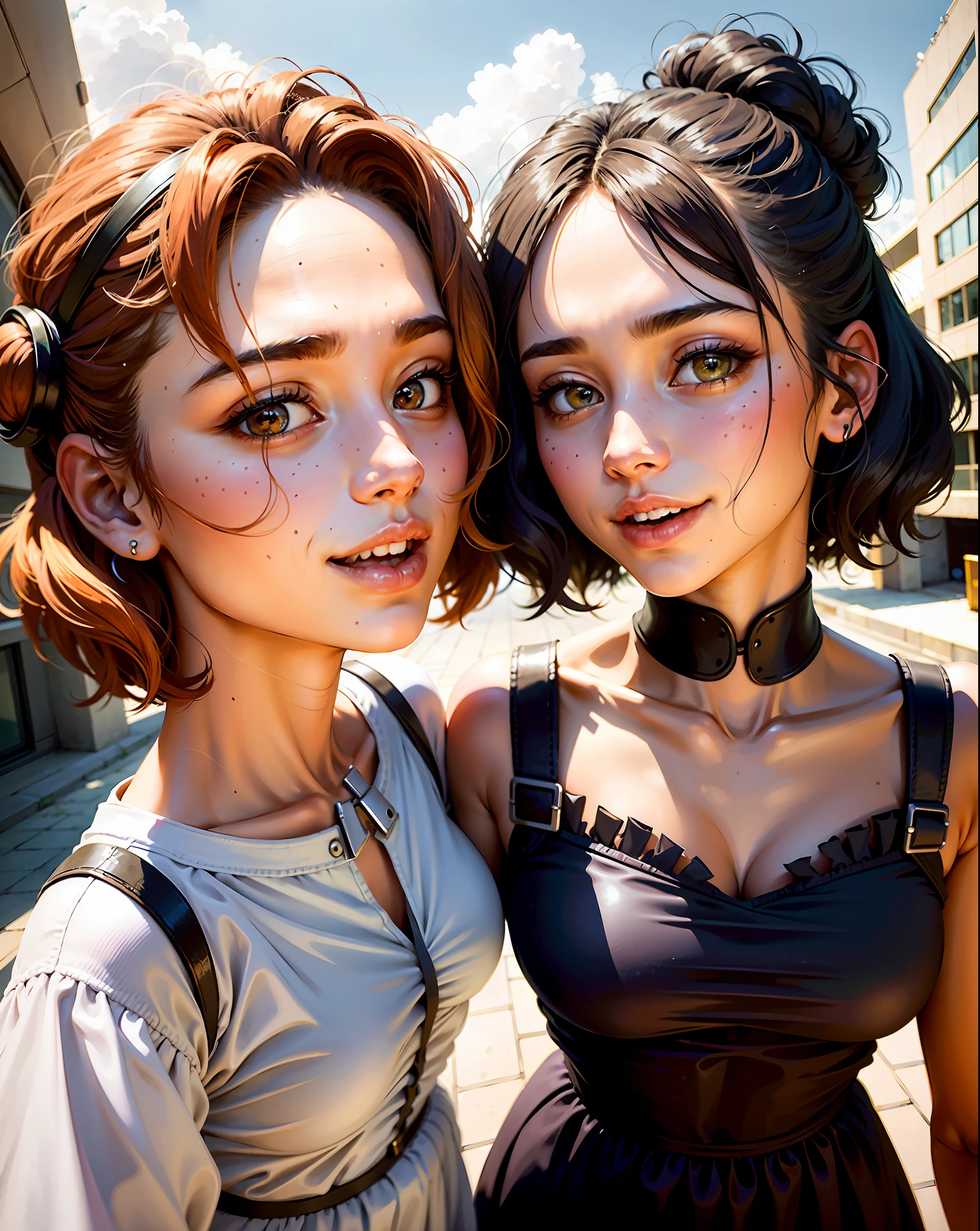 two women posing for a picture in front of a building, sisters, with cute - fine - face, with ivy, two girls, annoying sister vibes, without makeup, taken on iphone  pro, with a twin, profile pic, instagram selfie, taken on iphone 1 3 pro, selfie photography, shot on iphone 1 3 pro max, yamy, iphone selfie