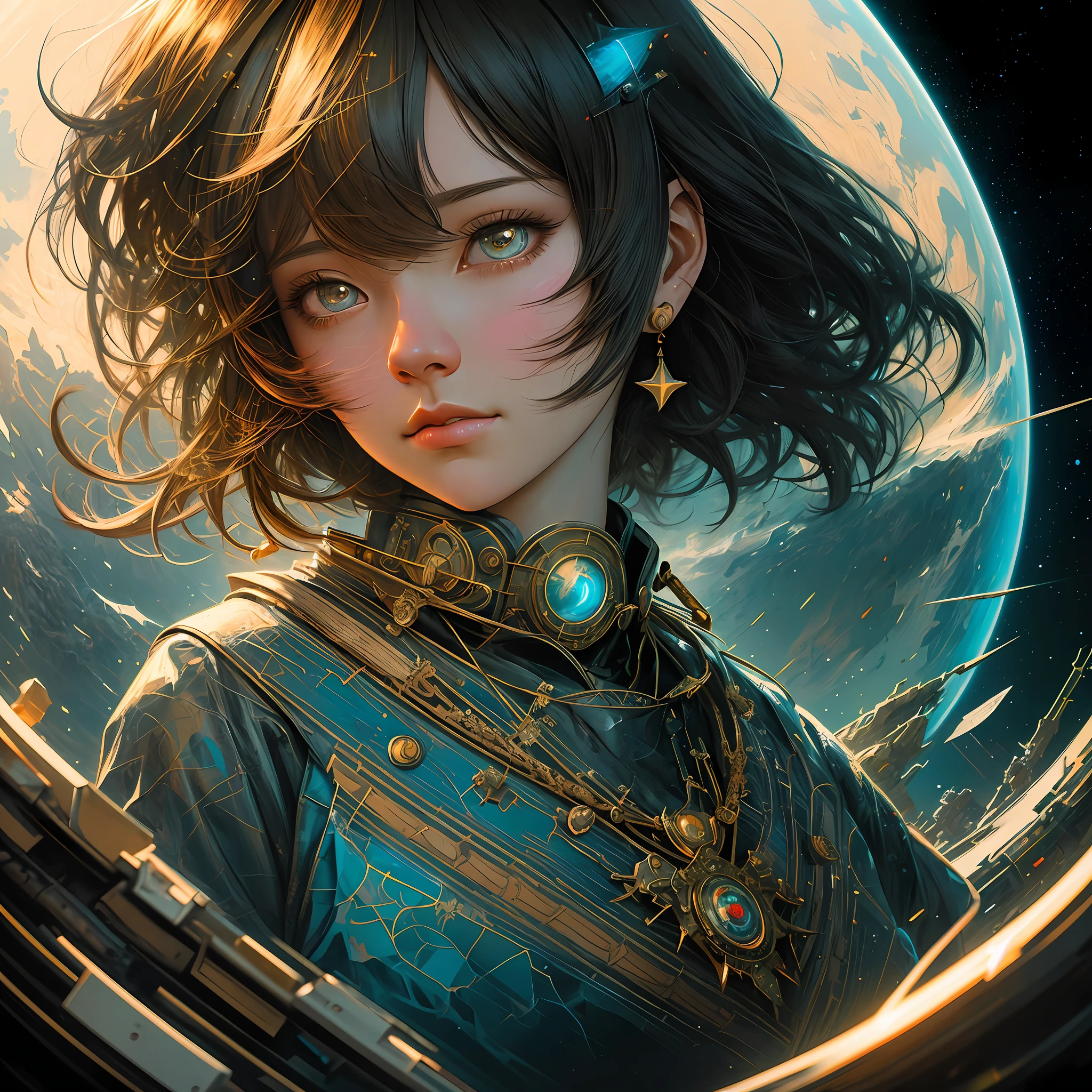 detailed portrait of a girl, see the stars, surreal space background, colorful, cover painting, style full body, detailed, symmetry, intricate, highly detail, digital artwork, smooth, sharp focus, illustration, cinematic, concept design, artstation, deviantart, art by sam yang, lois van baarle, artgerm, sakimichan, Taejune Kim, pixiv, krenz cushart, ilya kuvshinov, Goro Fujita, Cyril Rolando, masterpiece, best quality, highly detailed, beautiful face, tone mapped, artstation, intricate, sharp focus