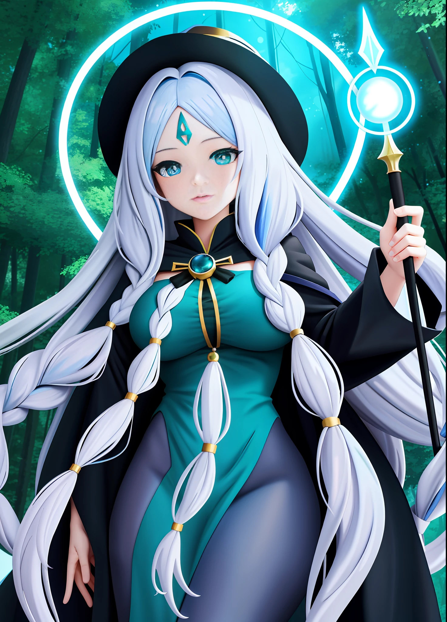 1 Witch woman, in black robe with white parts, holding a magic wand, blue rays behind her, staring at the viewer, forehead mark, she has (blue long hair:1.5) with braids and (green eyes:1.5), immensely large breasts, blue magic aura swirling around her body, in a forest full of magical creatures around her, anime style, symmetry, anatomically correct, 16k, highres, best quality, award winning, high quality, high details, UHD, masterpiece, ccurate