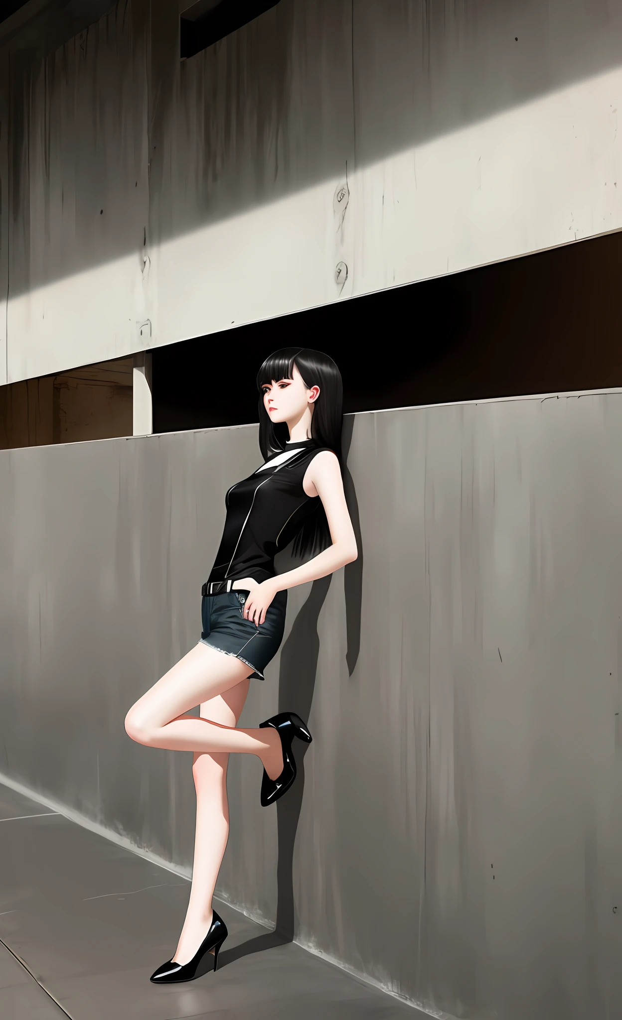 There is a girl with white skin and black dress leaning against the wall, pale skin, black short-sleeved shirt, dark denim shorts, long legs, left hand five fingers open pressed on crotch, cap, beautiful digital artwork, realistic effect, high texture
