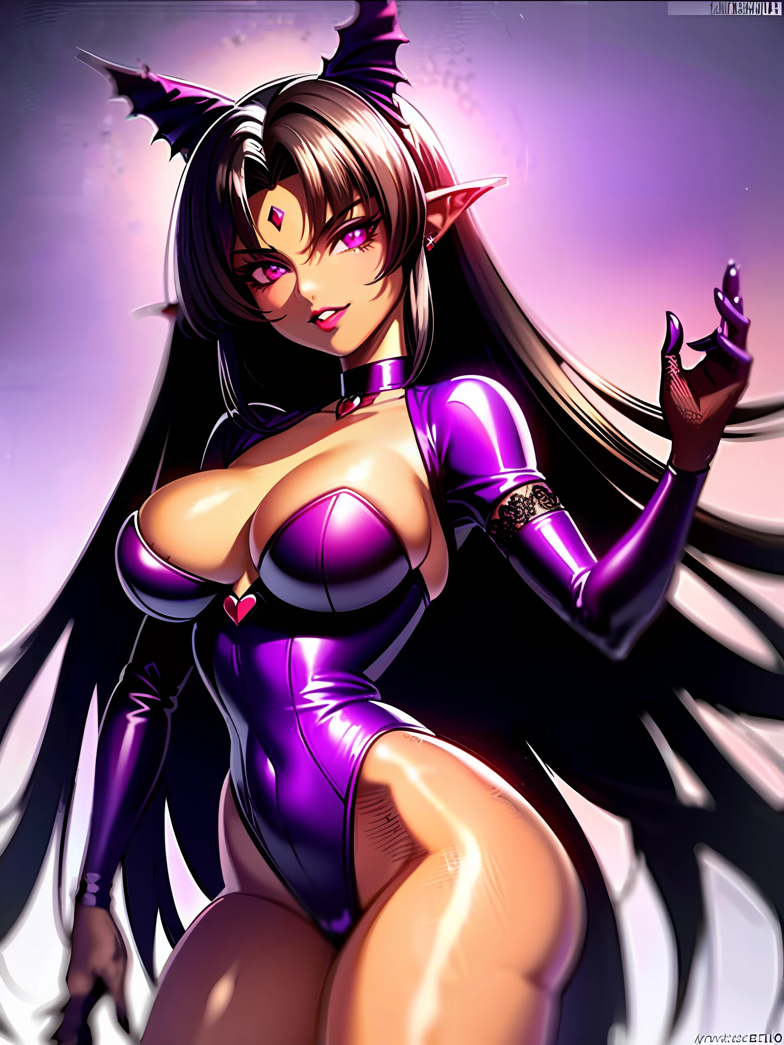 (tanned lustrous) vampire, (masterpiece), intricate details, retro, ((2000s anime)), ((best quality)), (purple gothic chateau in a forest at night), (gothic long tight sparkly) shiny [purple orange dress], vampiric ears bat, detailed lace, (natural stones) jewelry, (dark brown lips), choker, slim-thick, extremely detailed, covered, dynamic pose