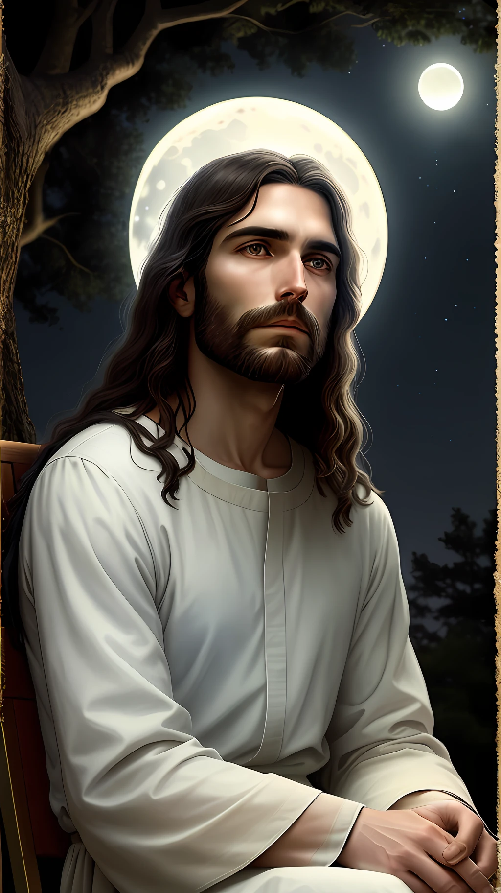 Jesus Christ seated, under a tree, looking up at the sky, with contemplative gaze, illuminated by the light of the moon, realistic and beautiful photography