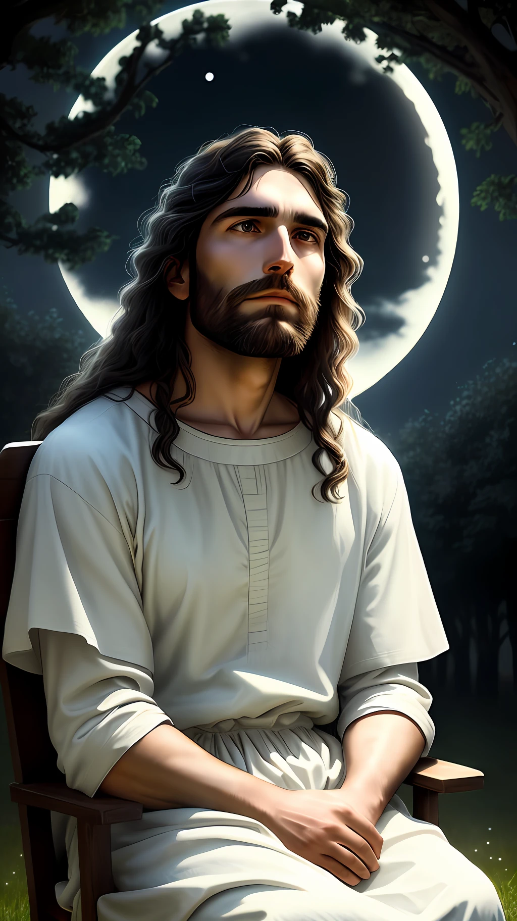 Jesus Christ seated, under a tree, looking up at the sky, with contemplative gaze, illuminated by the light of the moon, realistic and beautiful photography