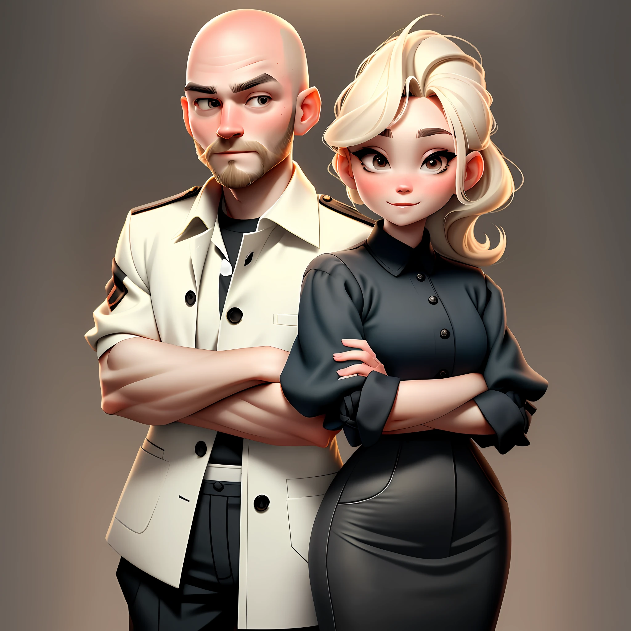 A bald man with a short beard, black eyes and his blonde wife with hair just over his shoulders posing for a photo.