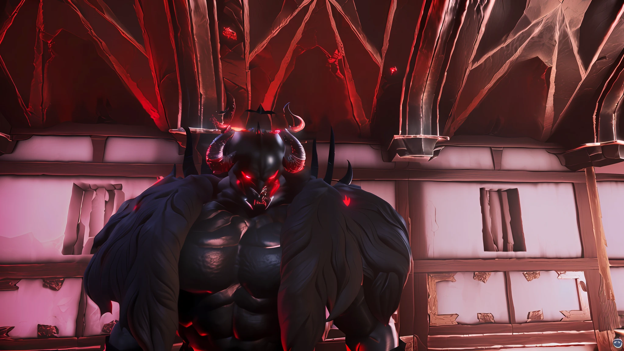 There's a big demon in a room, rendered in Unreal 5, menacing. Unreal 5, Fit Male Demon with Dark Horns, Muscled humanoid Balrog Demon, Unreal 5 Engine Highlly render, Red Eyes, Made in Unreal Engine 5, Crimson Themed, Rendered in Unreal Engine 5, Black and Red Reflected Armor