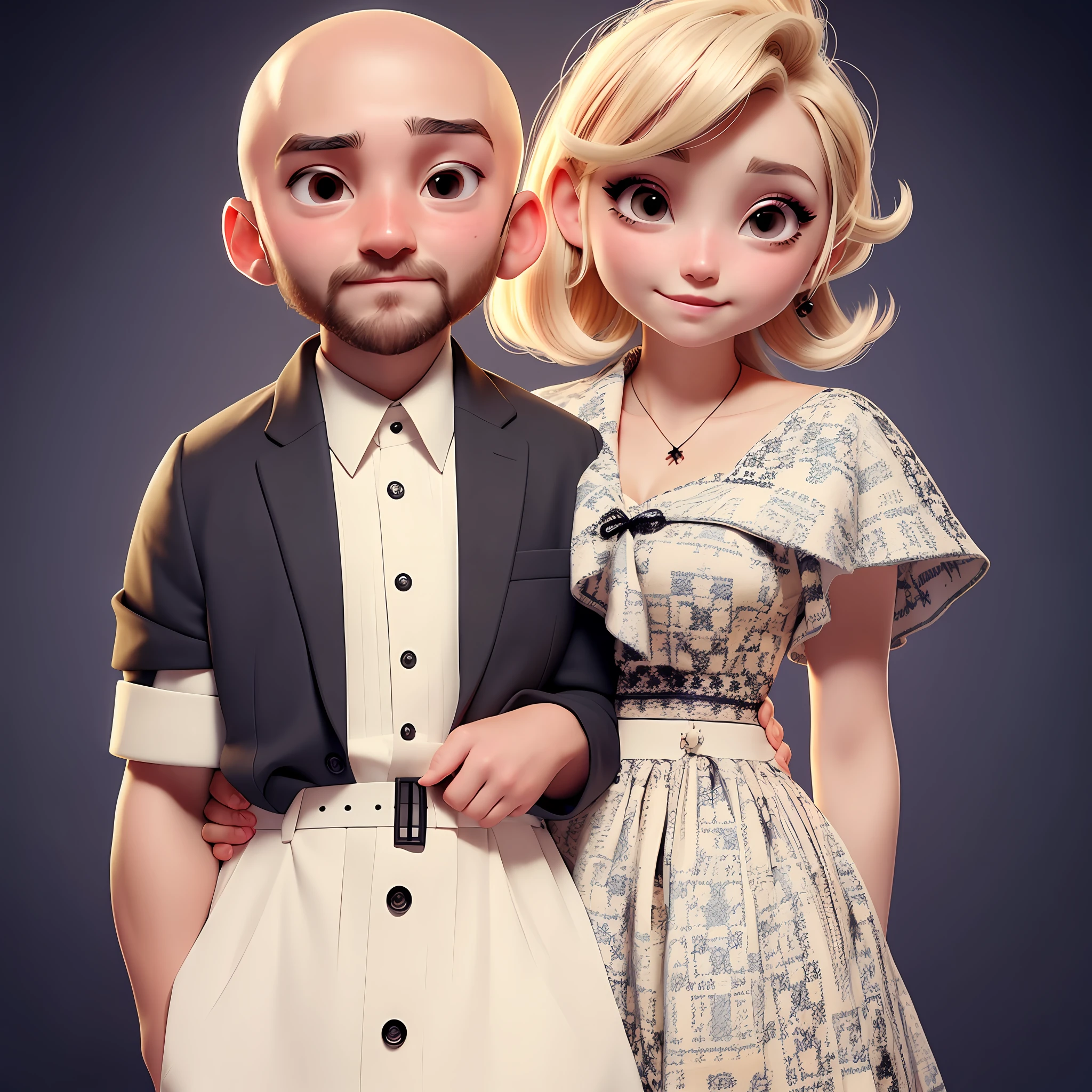 A bald man with a short beard, black eyes and his blonde wife with hair just over his shoulders posing for a photo.