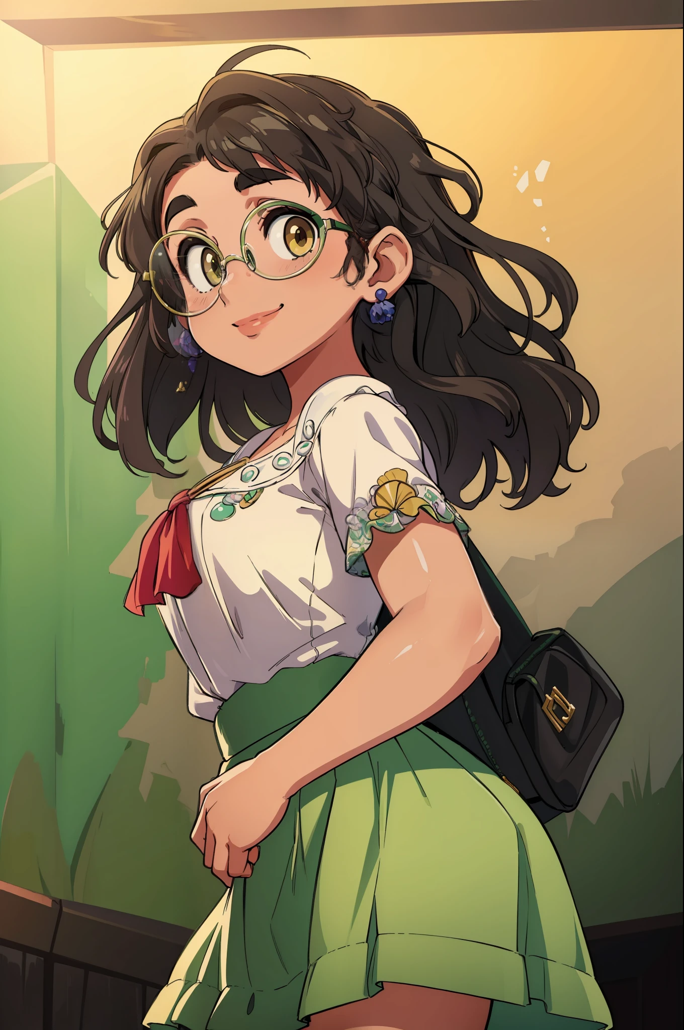 (masterpiece, best quality, high resolution:1.4), 1girl, mirabel madrigal, glasses, smile, looking at viewer, white blouse,green skirt,