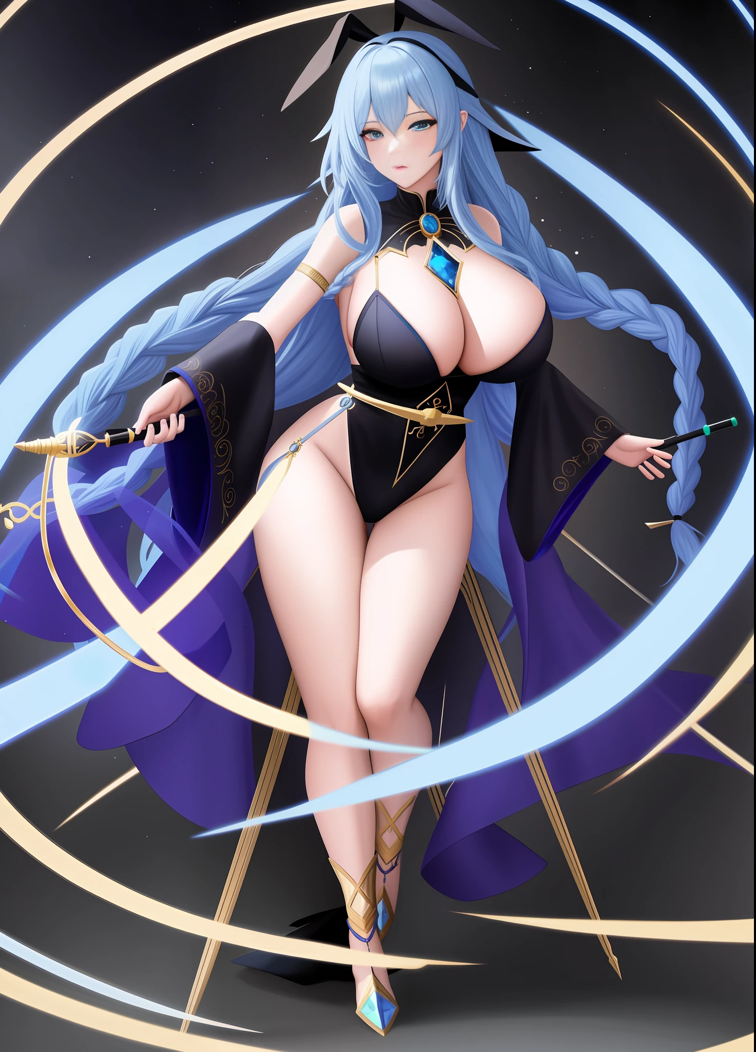 Full body:1 Witch woman, with black robe with white parts, holding a magic wand, blue rays behind her, staring at the viewer, she has (long blue hair) with braids and (green eyes), huge breasts, blue magic aura surrounding your body like a whirlpool, in a magical temple with emblems on the walls, anime style, symmetry, anatomically correct, 16k, highres, best quality, award winning, high quality, high details, UHD, masterpiece, ccurate