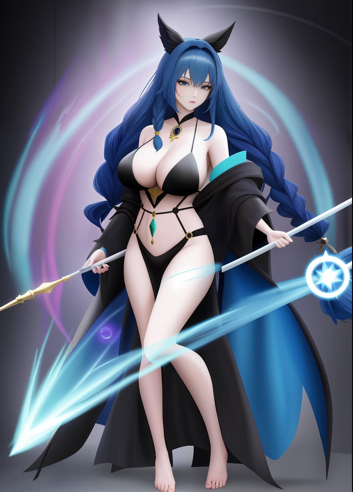 Full body:1 Witch woman, with black robe with white parts, holding a magic wand, blue rays behind her, staring at the viewer, she has (long blue hair) with braids and (green eyes), huge breasts, blue magic aura surrounding your body like a whirlpool, in a magical temple with emblems on the walls, anime style, symmetry, anatomically correct, 16k, highres, best quality, award winning, high quality, high details, UHD, masterpiece, ccurate
