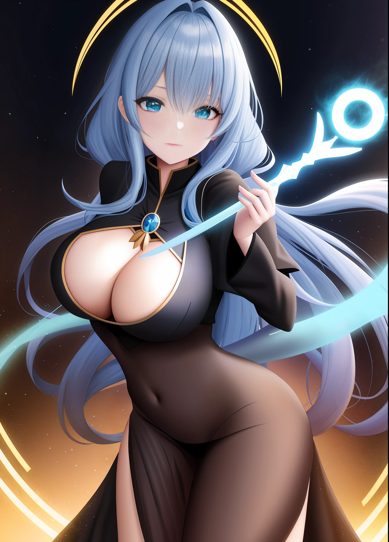 Full body:1 Witch woman, with black robe with white parts, holding a magic wand, blue rays behind her, staring at the viewer, she has (long blue hair) with braids and (green eyes), huge breasts, blue magic aura surrounding your body like a whirlpool, in a magical temple with emblems on the walls, anime style, symmetry, anatomically correct, 16k, highres, best quality, award winning, high quality, high details, UHD, masterpiece, ccurate