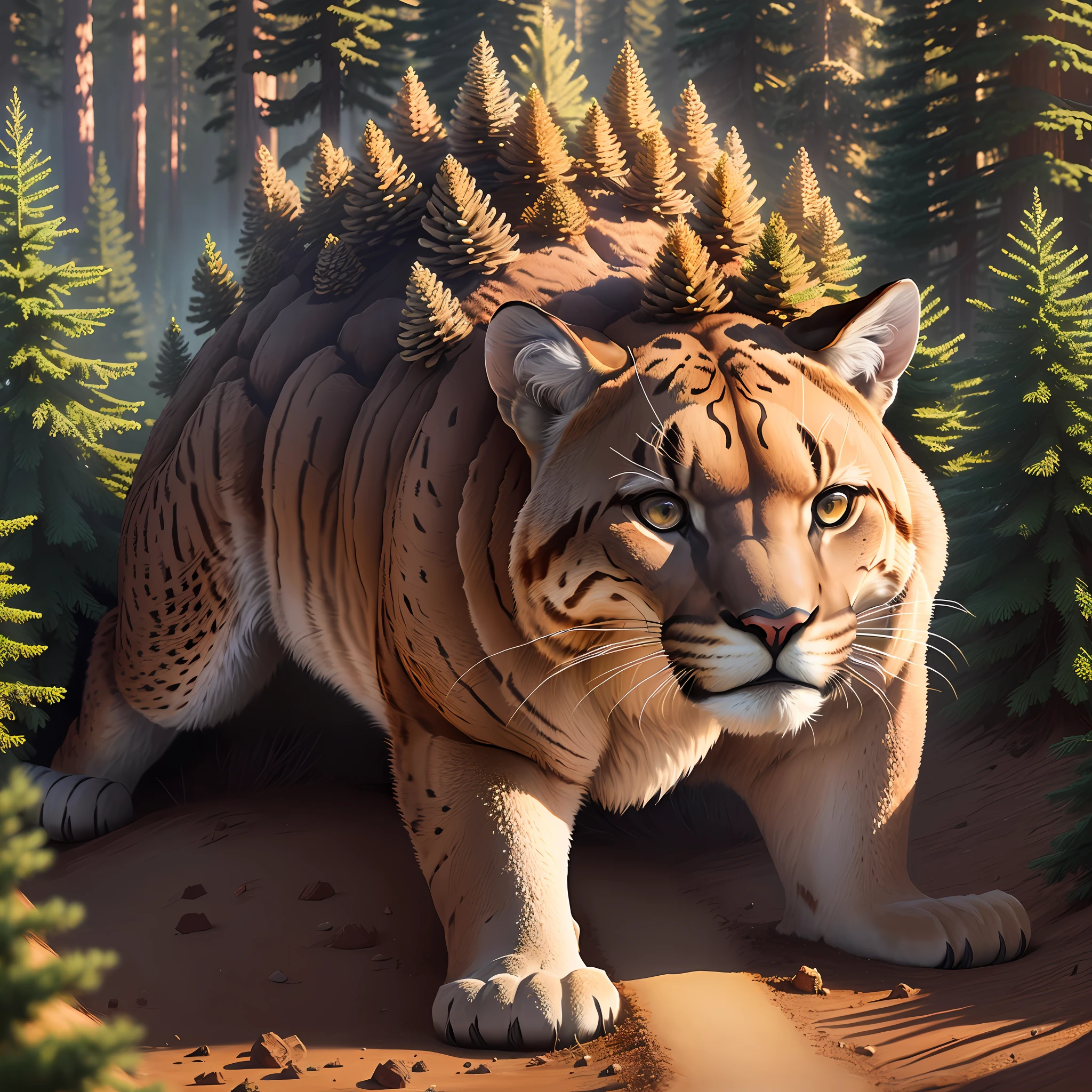 Large anthill with the head of a mountain lion in a winter full of pine cone bushes