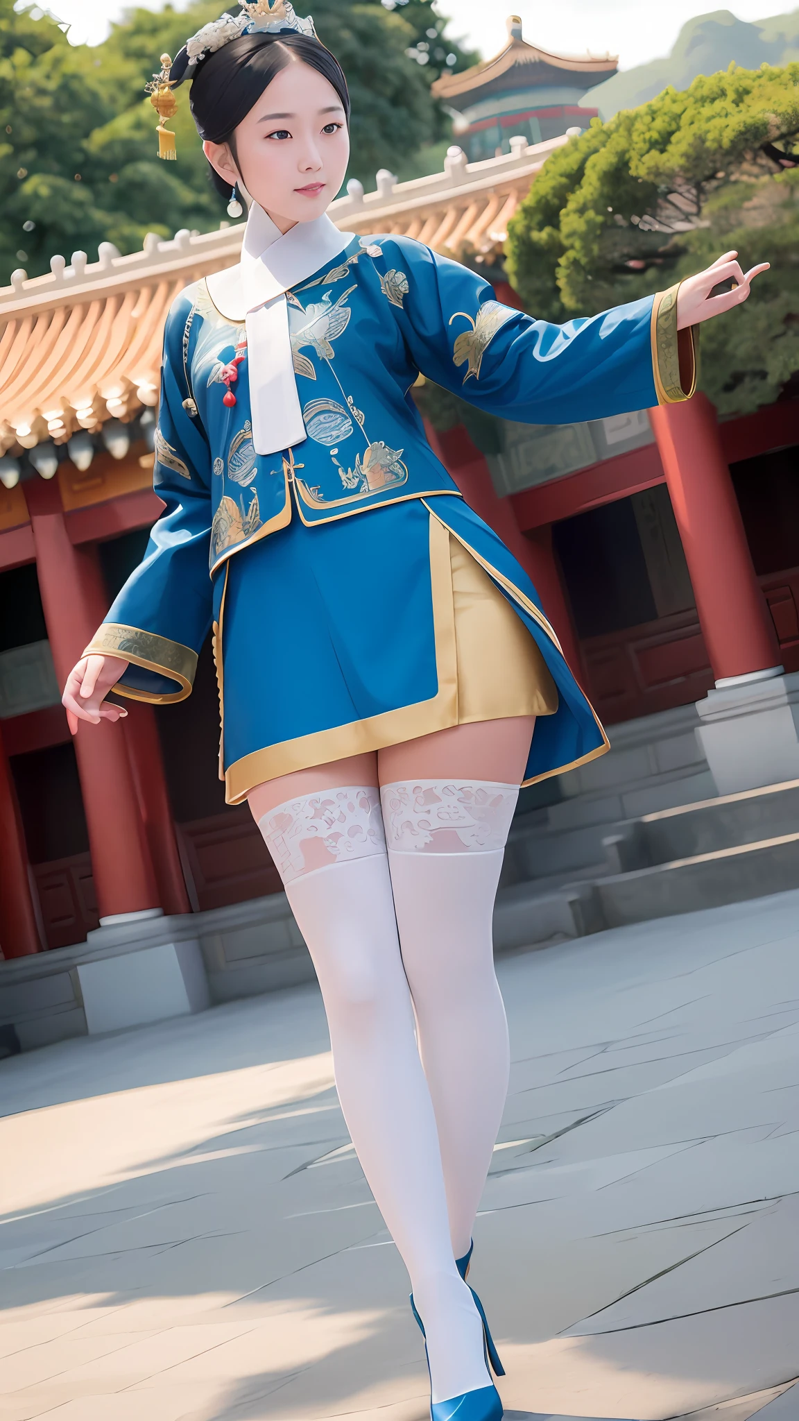 (Palace Museum: 1.2), Full body shooting: 1.4, Bokeh: 1.2, (small_head:1.1), Front, Model pose, Outdoor, Beijing Imperial Palace, Traditional Chinese architecture,
1 girl, elegant figure, traditional Chinese blue clothing, golden embroidery, cyanosc, (qingchao_dress, qingchao_haircut:1.3), long hair, smile, hands pulled up skirt, perfect human anatomy, perfect thighs, pantyhose, black stockings, display stockings,
(8k, RAW Photo, Best Quality, Masterpiece: 1.2), (Realistic, Photorealistic Photo: 1.37), Ultra High Resolution, Photon Mapping, Teleportion, Physically Based Rendering, Professional Lighting, Face Light, HDR,