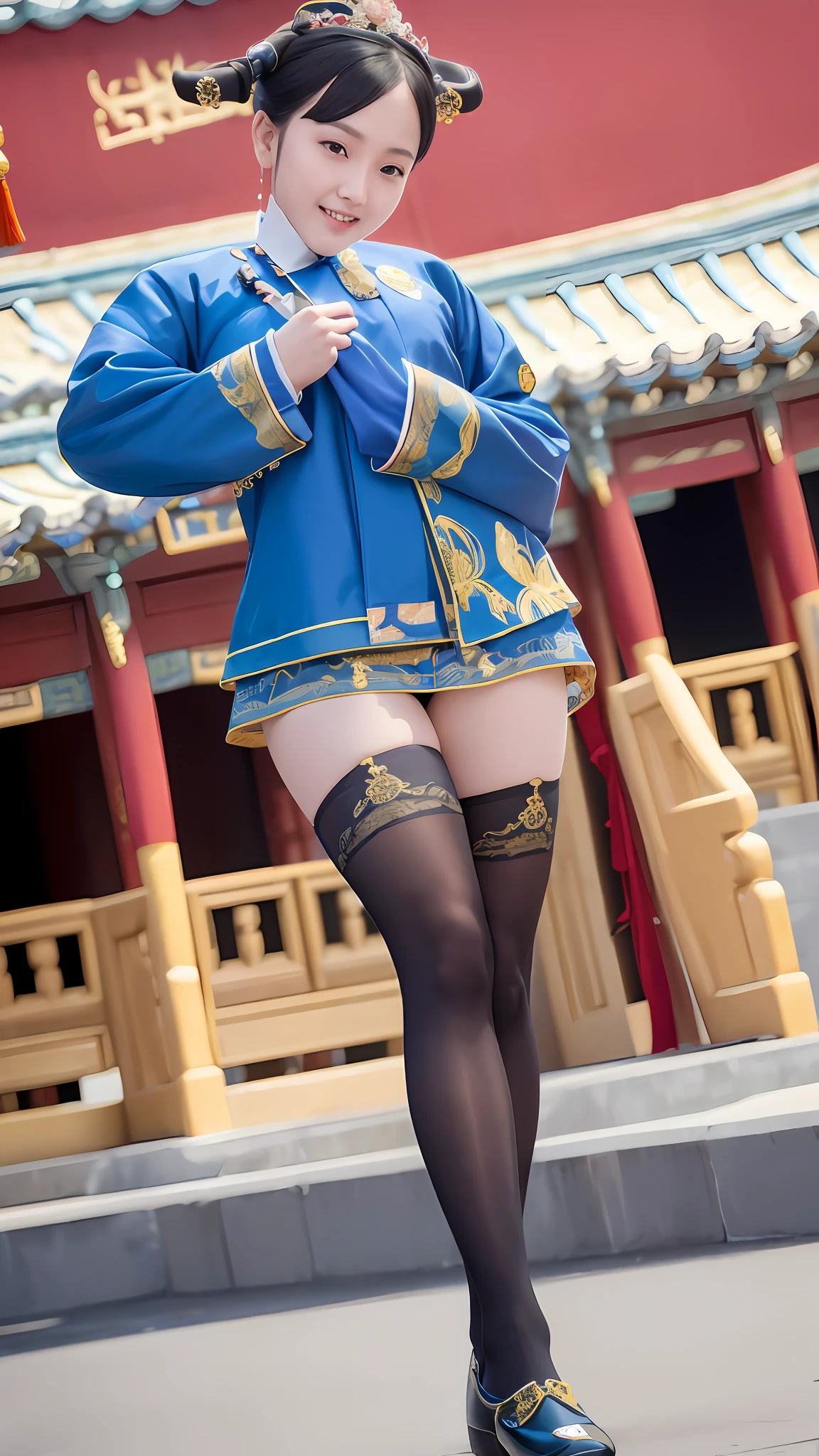 (Palace Museum: 1.2), Full body shooting: 1.4, Bokeh: 1.2, (small_head:1.1), Front, Model pose, Outdoor, Beijing Imperial Palace, Traditional Chinese architecture,
1 girl, elegant figure, traditional Chinese blue clothing, golden embroidery, cyanosc, (qingchao_dress, qingchao_haircut:1.3), long hair, smile, hands pulled up skirt, perfect human anatomy, perfect thighs, hose, black stockings, display stockings,
(8k, RAW Photo, Best Quality, Masterpiece: 1.2), (Realistic, Photorealistic Photo: 1.37), Ultra High Resolution, Photon Mapping, Teleportion, Physically Based Rendering, Professional Lighting, Face Light, HDR,