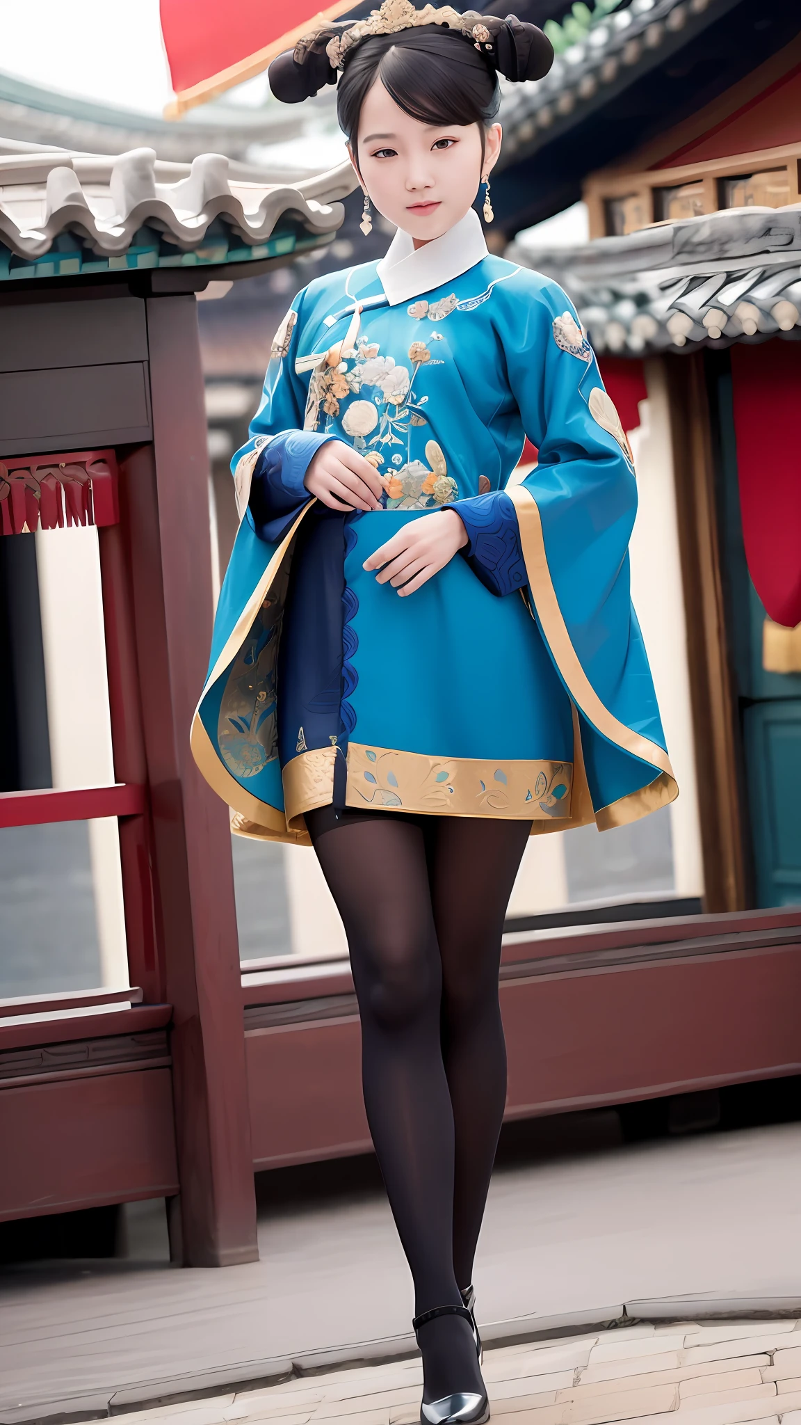(Palace Museum: 1.2), Full body shooting: 1.4, Bokeh: 1.2, (small_head:1.1), Front, Model pose, Outdoor, Beijing Imperial Palace, Traditional Chinese architecture,
1 girl, elegant figure, traditional Chinese blue clothing, golden embroidery, cyanosc, (qingchao_dress, qingchao_haircut:1.3), long hair, smile, hands pulled up skirt, perfect human anatomy, perfect thighs, pantyhose, black stockings, display stockings,
(8k, RAW Photo, Best Quality, Masterpiece: 1.2), (Realistic, Photorealistic Photo: 1.37), Ultra High Resolution, Photon Mapping, Teleportion, Physically Based Rendering, Professional Lighting, Face Light, HDR,