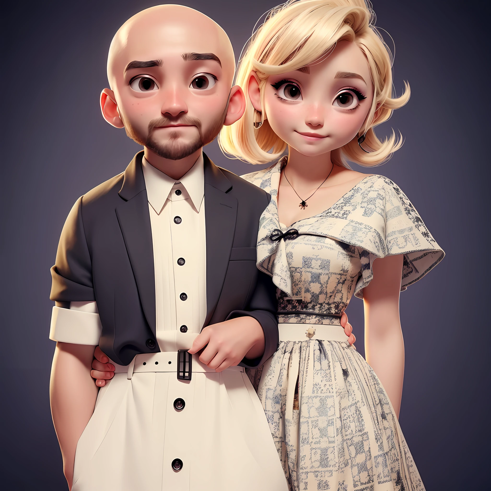 A bald man with a short beard, black eyes and his blonde wife with hair just over his shoulders posing for a photo.