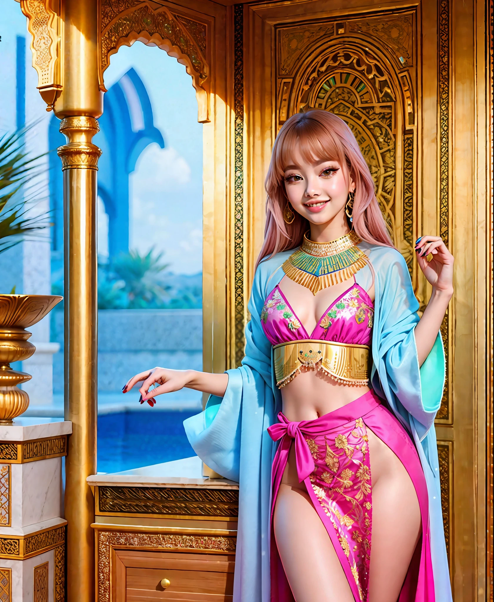 Masterpiece,, nude, best quality, ultra high res, 1 girl, fit, tiny waist, smiling, blushing, pink cheeks, Lisa from Blackpink wearing a moroccan caftan, green and blue fabric, golden embroidery, high quality, face details,...