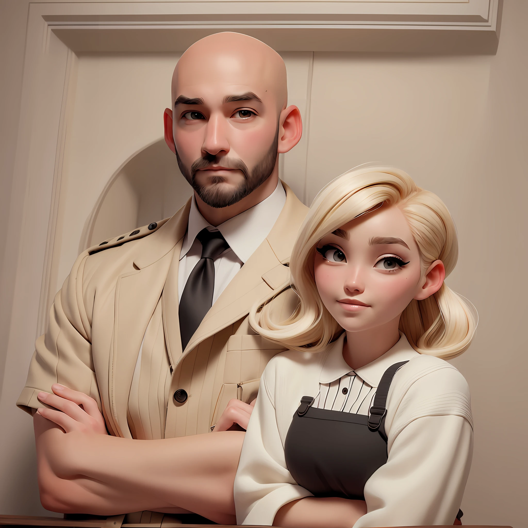 A bald man with a short beard, black eyes and his blonde wife with hair just over his shoulders posing for a photo.