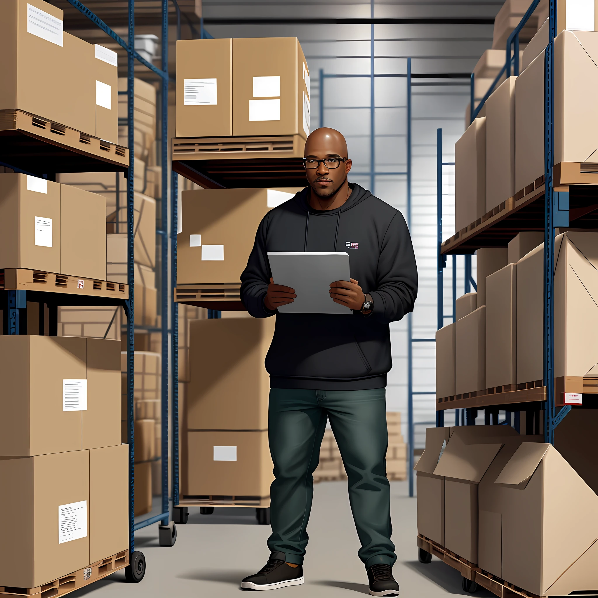 Benedict, drawing of an average 43-year-old black man bald in glasses with hyper detailed face, wearing social clothing, posing with clipboard in hand in a warehouse with pallet racks and a forklift in the background, hyperrealistic background, background blur.