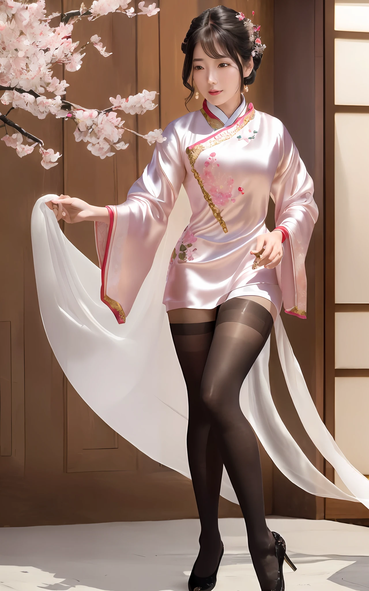 (Masterpiece), (Best Quality), 8K, High Detail, Ultra Detail, Lin Daiyu's charming appearance in "Dream of Red Mansions", woman, ((willow leaf eyebrows)), ((Almond-shaped eyes)), (Delicate face with snow-white skin), (Pink lips like cherry blossoms), (Wearing (((flowing silk clothing)) with intricate embroidery), (Holding ((Handkerchief))), (with a hint of sadness and melancholy), Full body photo, beautiful thighs, perfect calves, no leg hair, black pantyhose, black stockings, Detailed skin maps showing legs,