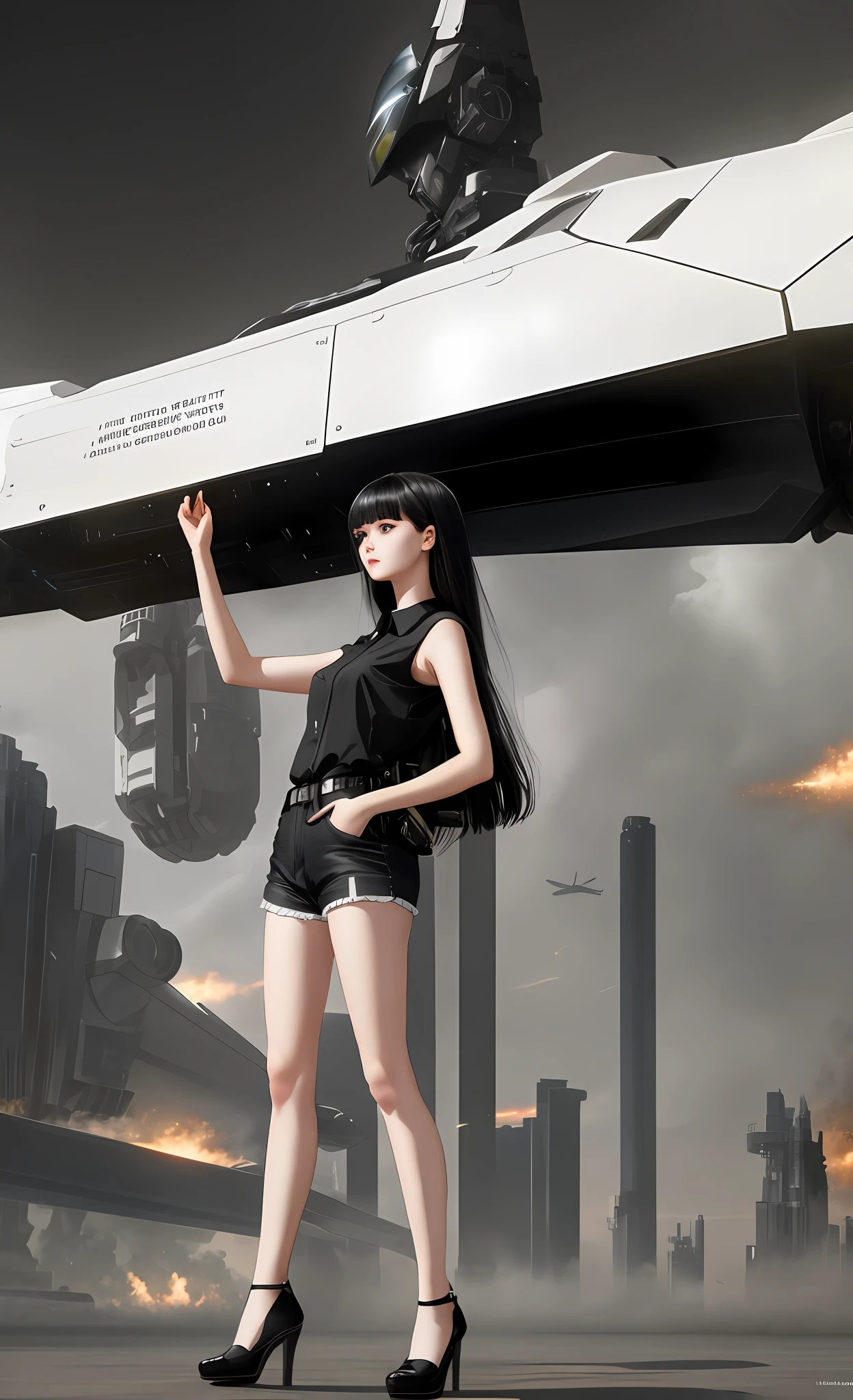 There is a girl in a white skin and black dress leaning on a huge mecha, pale skin, black short-sleeved shirt, dark denim shorts, long legs, five fingers of the left hand open pressed on the crotch, science fiction movie, beautiful digital artwork, realistic effect, high texture