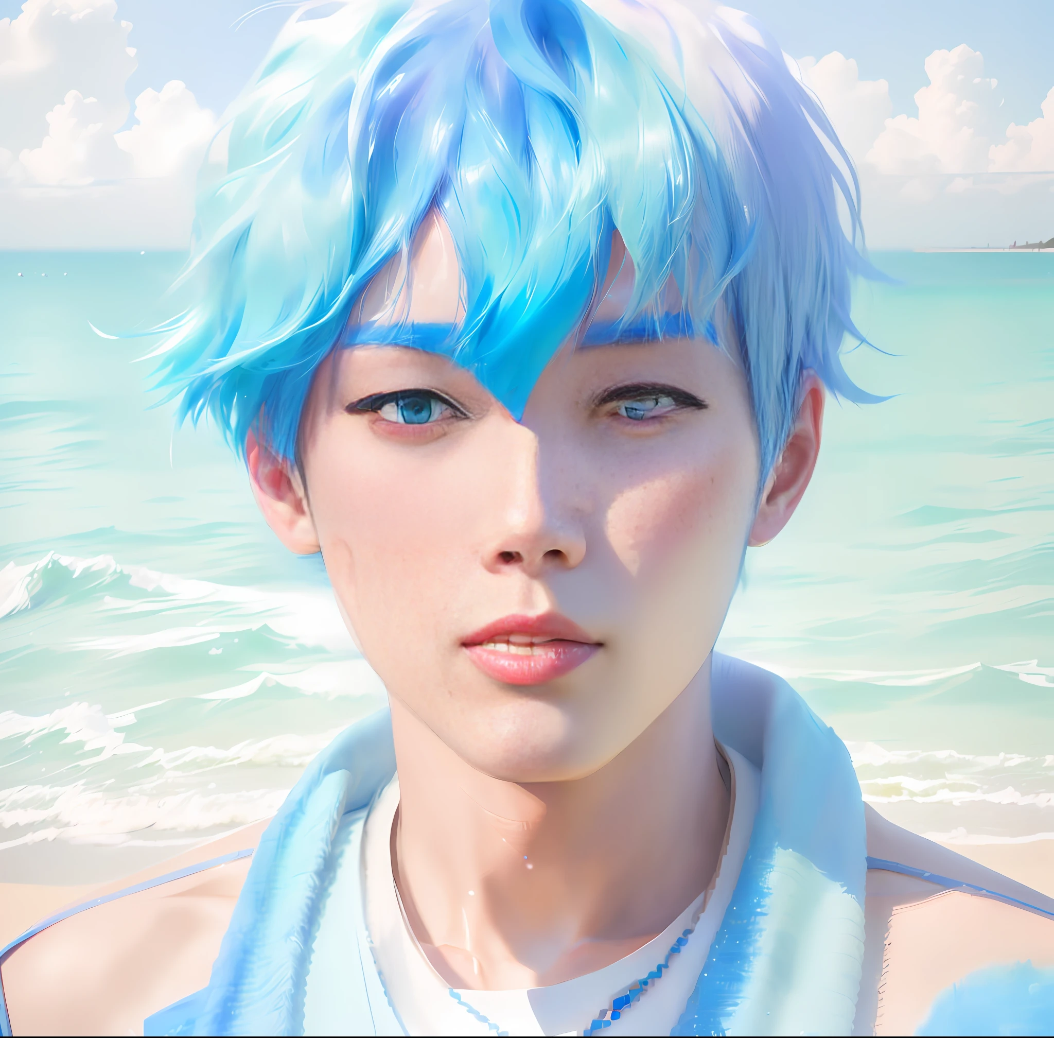 a close up of a person with blue hair on a beach, portrait of kpop idol, inspired by Yanjun Cheng, inspired by jeonseok lee, inspired by Russell Dongjun Lu, inspired by Kim Myeong-guk, realism artstyle, realistic anime 3 d style, realistic artstyle, inspired by Bian Shoumin, realistic anime artstyle