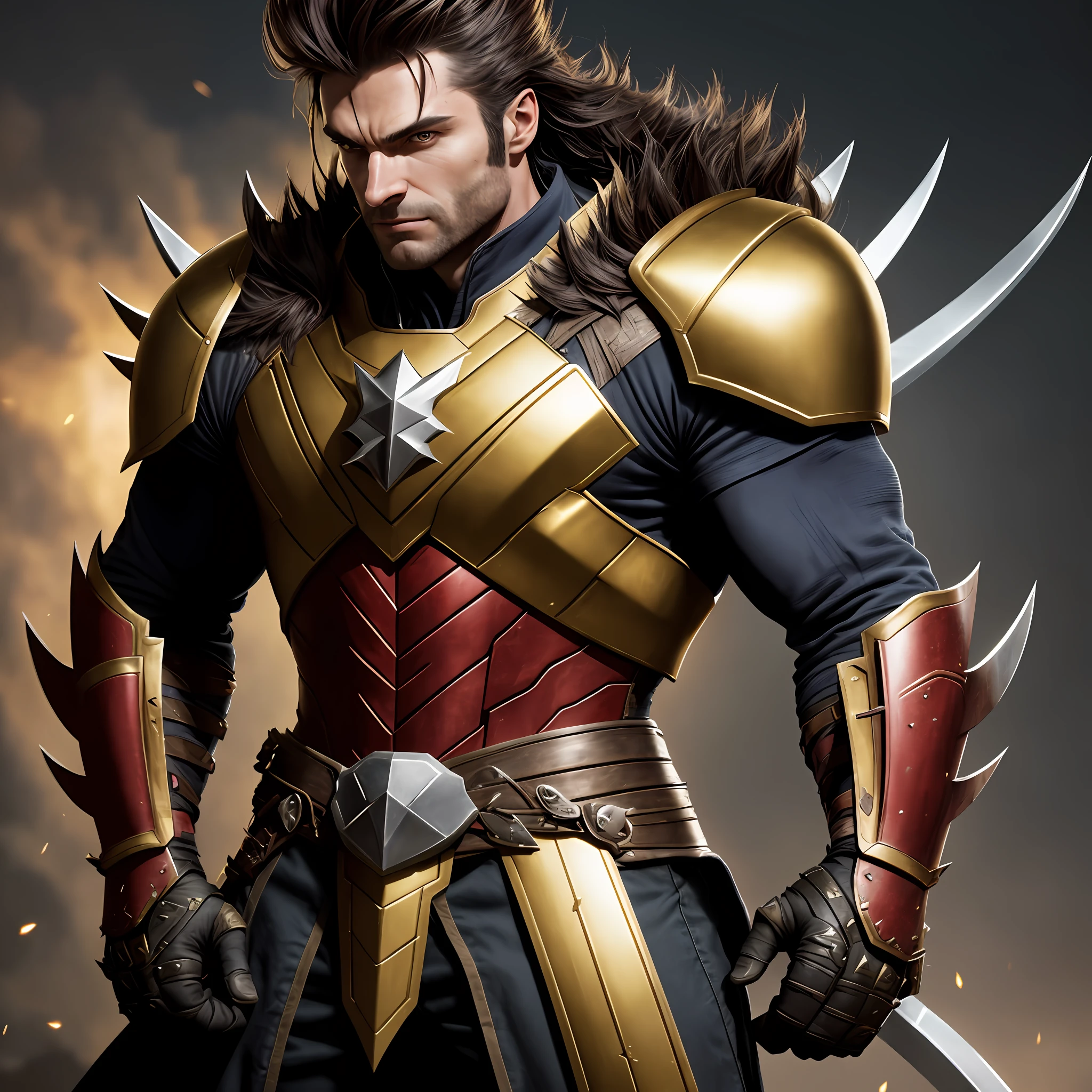 A MEDIEVAL WARRIOR IN THE STYLE wolverine X-men ,FULL BODY. Golden ratio, dark background lighting, close-up, detailed facial details, perfect face, sharpness, trend art, sharp facial details, ultra high quality, line art, high fantasy, exquisite, 4k, soft lighting 8k, dreamer --iso 100