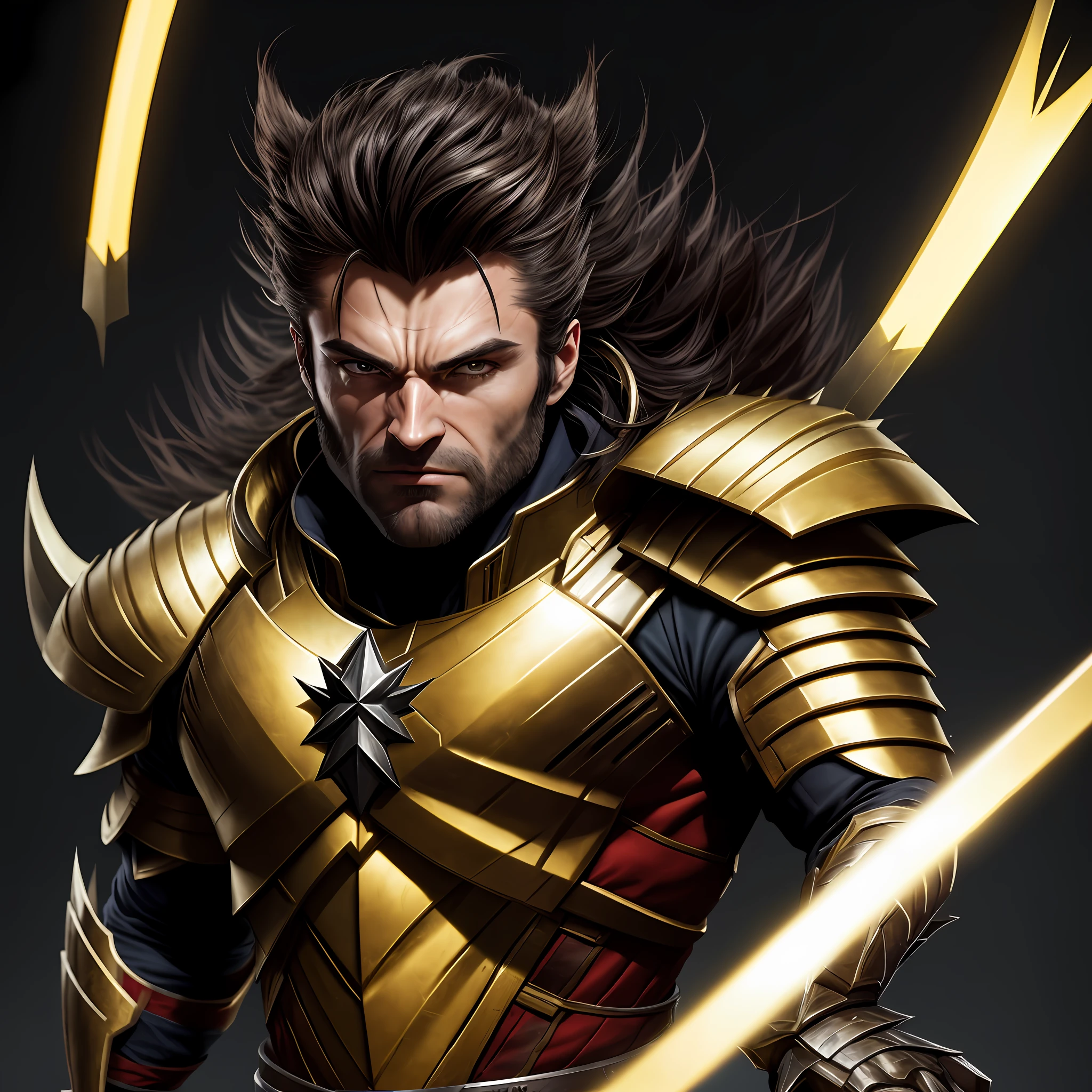 A MEDIEVAL WARRIOR IN THE STYLE wolverine X-men ,FULL BODY. Golden ratio, dark background lighting, close-up, detailed facial details, perfect face, sharpness, trend art, sharp facial details, ultra high quality, line art, high fantasy, exquisite, 4k, soft lighting 8k, dreamer --iso 100