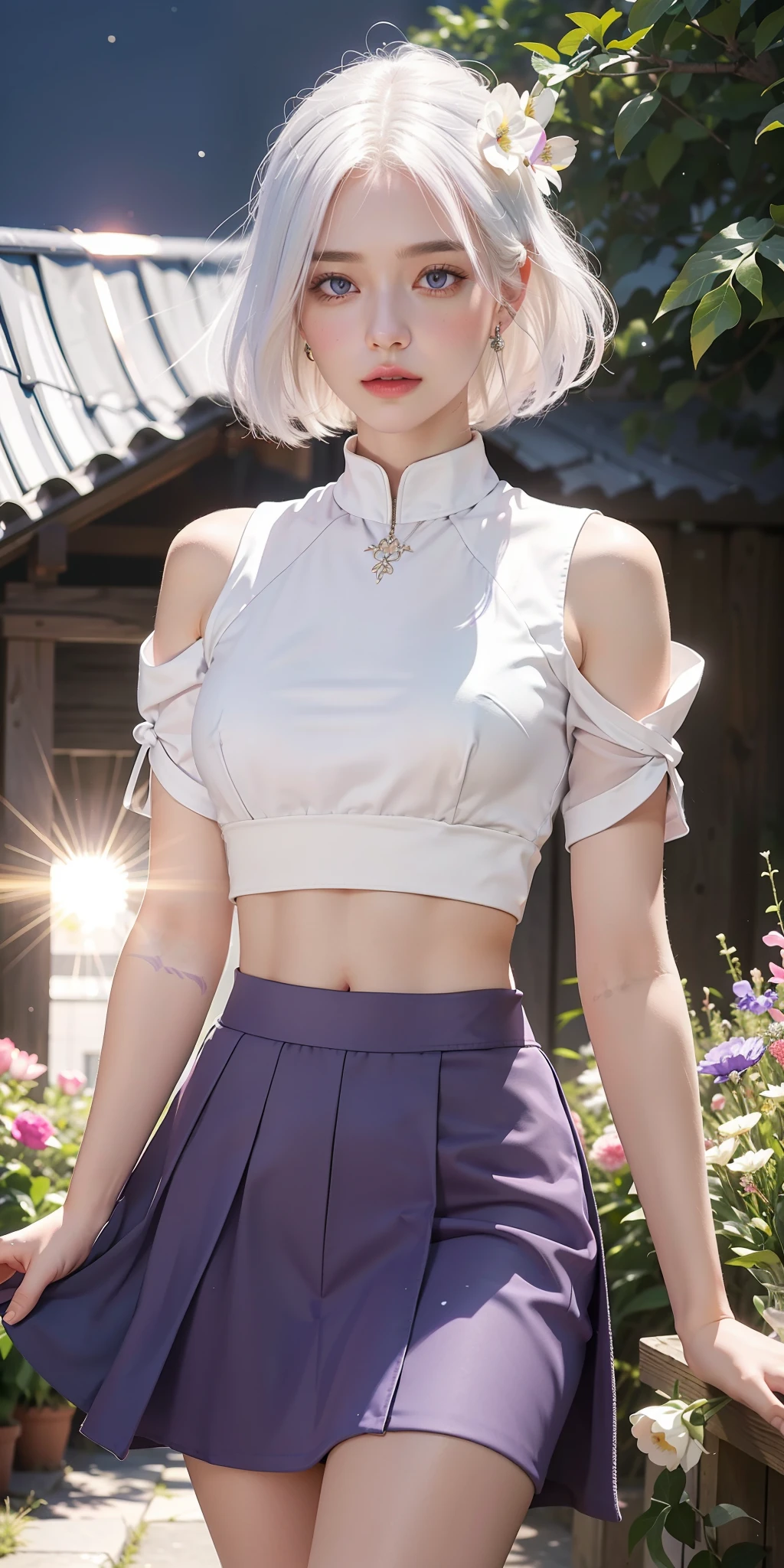 realistic, 1girl, white hair, purple eyes, glowing eyes, crop top, skirt, parted lips, blush, night, flowers, sun, sunlight,