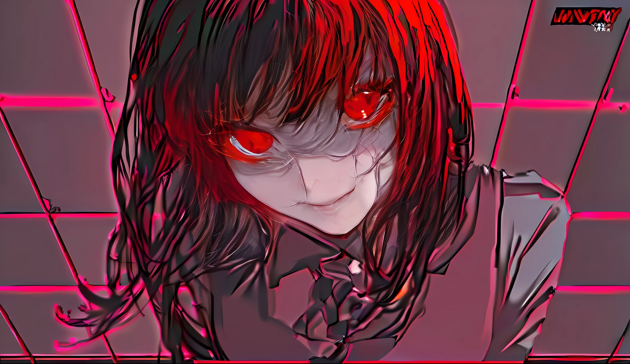anime girl with red eyes and black hair in front of a red wall, yandere, gapmoe yandere, gapmoe yandere grimdark, portrait gapmoe yandere grimdark, akane owari danganronpa, with red glowing eyes, yandere. tall, yandere intricate, with red eyes, junji ito 4 k, by Jin Homura