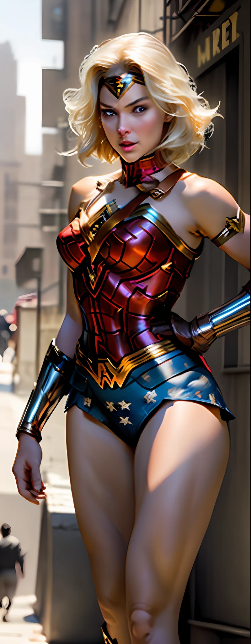 (cinematic image) Wonder Woman blonde, thick thighs, (city street) attractive posture, fleshy mouth, beautiful eyes, short blonde hair, defined muscles, big breasts, beautiful Wonder woman,